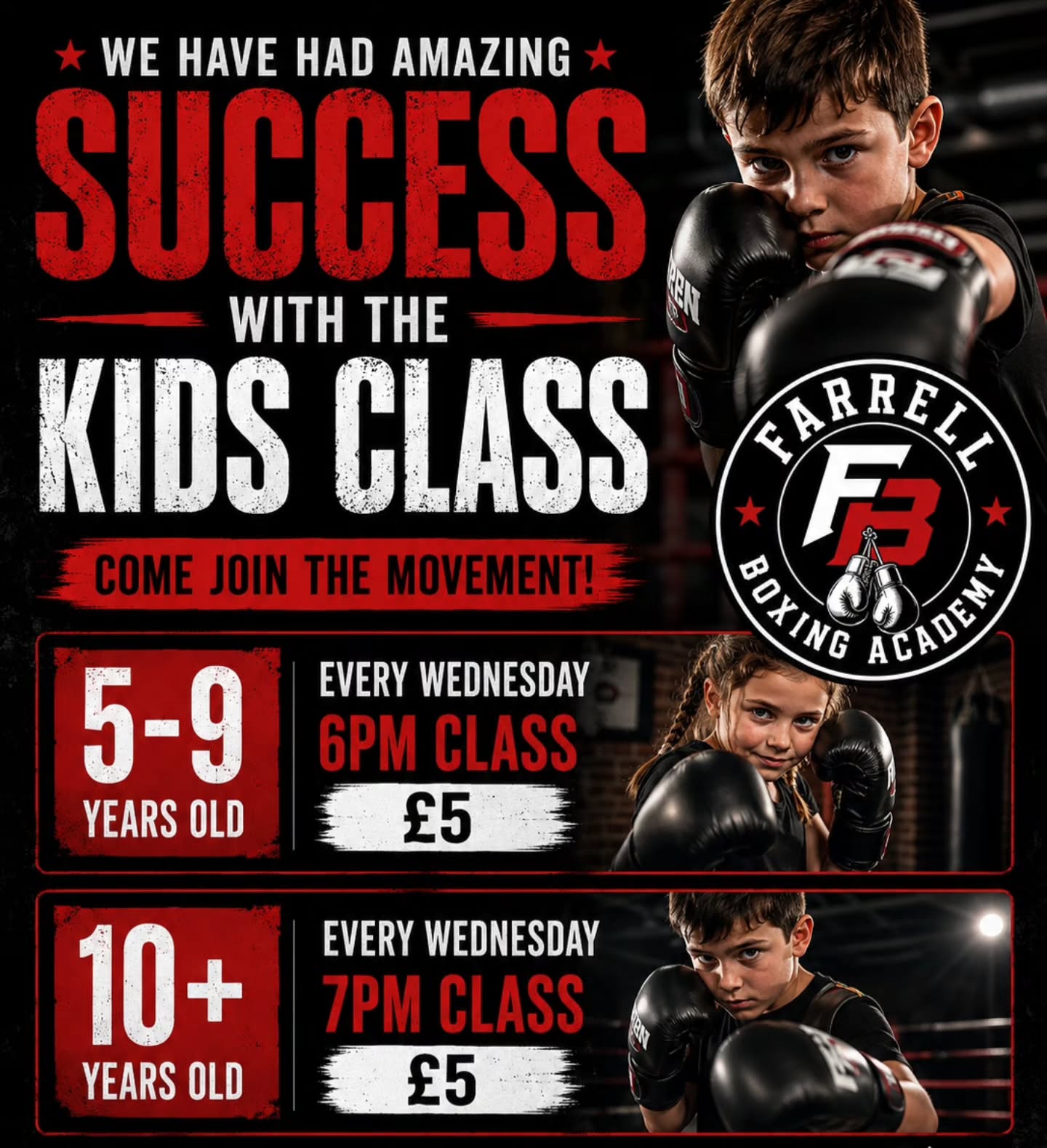 With the amazing success of our new kids Boxing Club we're going to run 2 separate times!
6pm for the kids 5-9 yrs
7pm for kids 10+ yrs
£5 per class
Message to get booked in!