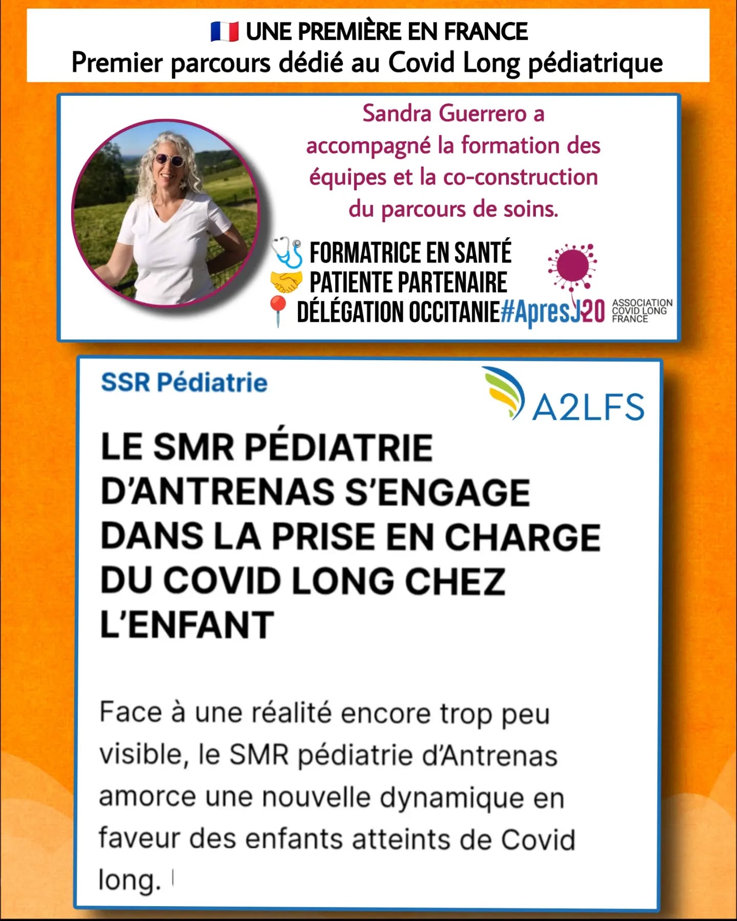 🚨Une avancée majeure pour les enfants atteints de #CovidLong en France.
À partir du 13 juillet 2026, le SMR pédiatrique d'Antrenas deviendra le premier établissement français à proposer un séjour spécialisé pour les enfants et adolescents vivant avec un #CovidLong.
Une étape historique👇
👩🏻🦳Ce projet est le fruit d'un travail remarquable porté par Sandra Guerrero, formatrice en santé, patiente partenaire et représentante de la délégation Occitanie d' #Apresj20.
Son expertise scientifique, clinique et son savoir expérientiel ont permis de construire un programme réellement adapté aux besoins des jeunes patients.
🏥Avant d'ouvrir ce parcours, les équipes ont choisi de comprendre.
Personnel administratif, logistique, restauration, médecins, infirmiers, psychologue, diététicienne, éducateurs, enseignants en activité physique adaptée, enseignante scolaire, direction...
Tous ont été sensibilisés et formés.
🧩Le travail s'est articulé autour de trois étapes essentielles :
➡️ Sensibiliser
➡️ Former
➡️ Co-construire
Les programmes ont été élaborés avec les équipes et en intégrant les savoirs expérientiels des patients, pour répondre aux réalités du terrain.
⚠️Un point essentiel a guidé cette construction :
La reconnaissance des Malaises Post-Effort (#MPE), aussi appelés Exacerbations de Symptômes Post-Effort (ESPE).
Le pacing et la prévention des crashes sont intégrés au parcours afin d'éviter toute aggravation des enfants accueillis.
🎯Le séjour proposera notamment :
✅ un programme adaptatif
✅ des ateliers d'éducation thérapeutique
✅ l'intégration du pacing à chaque étape
✅ des ateliers dédiés aux MPE/ESPE
✅ une participation possible des parents
Parce que chaque enfant évolue différemment.
🤝Cette initiative n'aurait pas été possible sans l'engagement de la direction du SMR d'Antrenas, portée par Alain Nogaret, qui a fait le choix d'investir dans cette prise en charge innovante et de former l'ensemble de ses équipes.
Être les premiers demande du courage.
📉Aujourd'hui encore, trop de familles restent sans solution adaptée.
⏬Suite