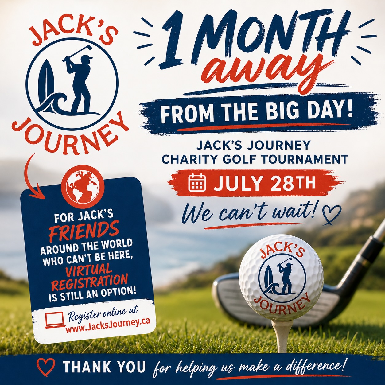 💙 30 days. One community. One incredible day ahead.
We are officially 1 month away from the Jack’s Journey Charity Golf Tournament!
Whether you’ll be joining us on the course or cheering us on from afar, thank you for being part of this journey.
🌎 For Jack’s friends around the world who can’t be here in person, virtual registration is still an option.
Every person who participates helps keep Jack’s spirit alive and supports vEDS research and education.
🔗 Register online at www.JacksJourney.ca
We can’t wait to share this special day with all of you. ⛳️💙🏄♂️
#JacksJourney #CharityGolfTournament #vEDS