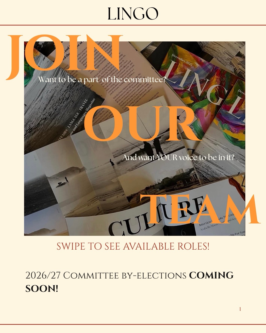 JOIN OUR TEAM! 🧡💛 By-elections are coming up very soon. Swipe to see the available roles for 2026/2027 committee!
Time flies! Make sure you become a member and follow our updates regarding the upcoming by-elections if you want to be a part of lingo committee 💛 We are looking forward to see your applications!
#lingomagazine #lingomag