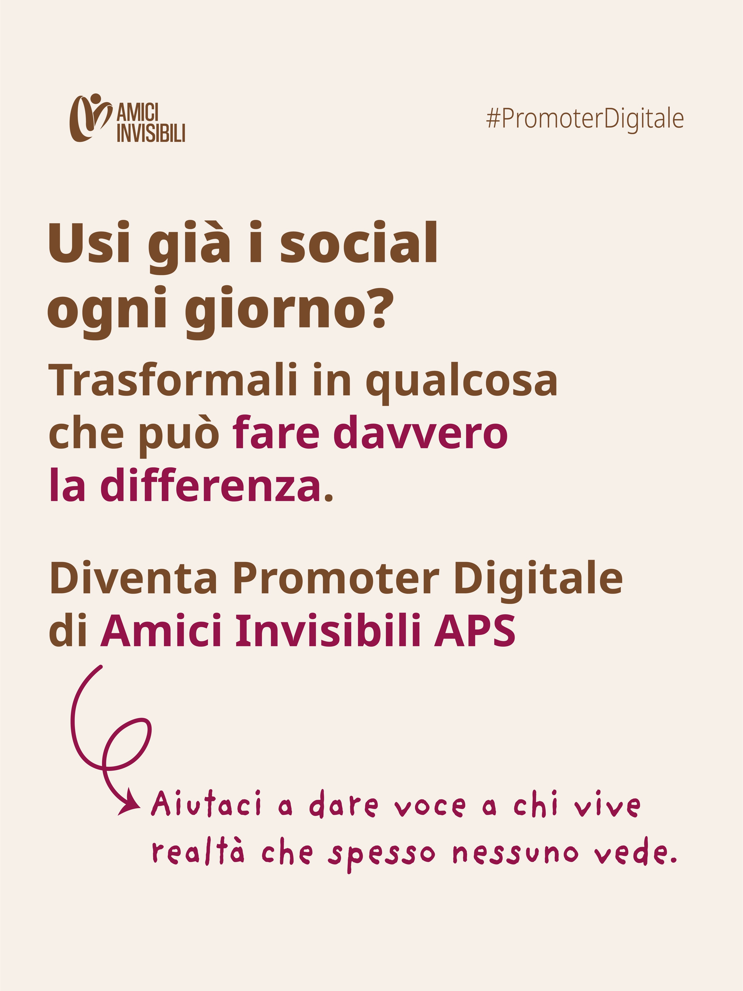 Se usi i social ogni giorno, stiamo cercando te!
Diventa Promoter Digitale di Amici Invisibili APS: contribuisci attivamente alla crescita di un progetto che supporta persone che convivono con malattie invisibili.
👉🏻 Commenta INFO per i dettagli!
#AmiciInvisibili #PromoterDigitale