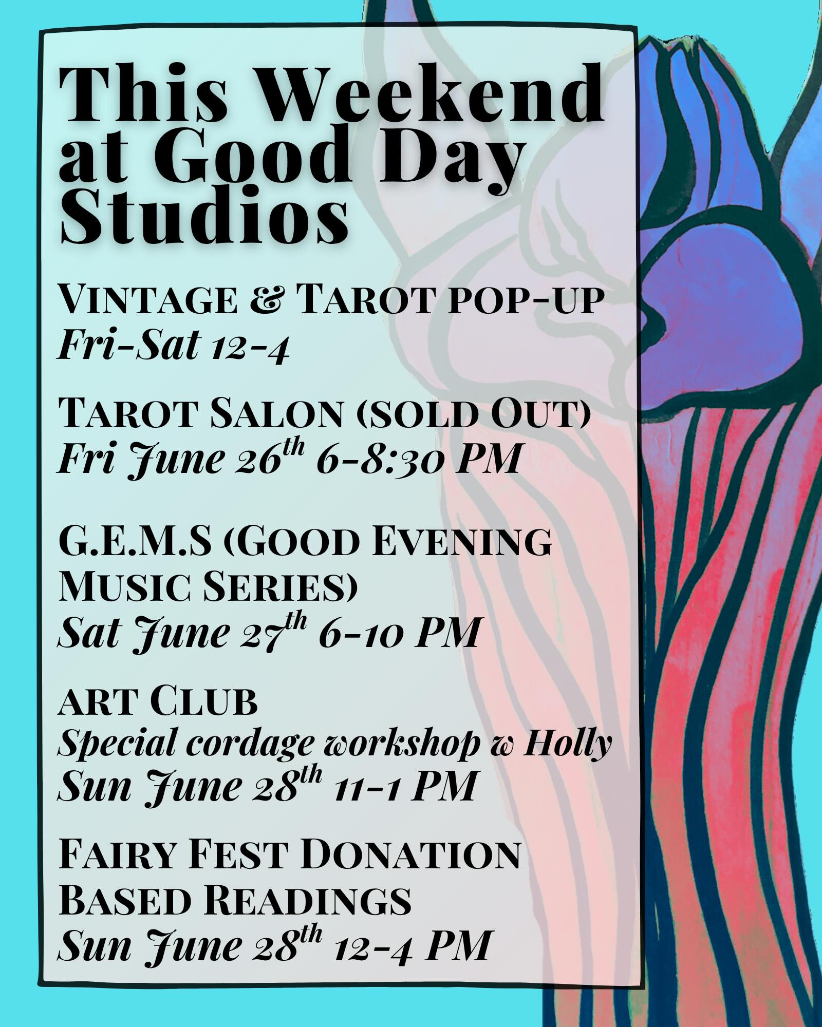 We have so much going on this weekend at @good.day.humboldt! Check the schedule and come see us for art, tarot, music, or vintage!
Fri 6/26
12-4 PM Vintage & Readings Pop Up ✨
6-8PM Tarot Salon is sold out!! Since we’re in a smaller space we’re needing to be more conservative about the guest list. If you purchased your ticket or already told me you’re planning on attending, you’re confirmed!
Sat 6/27
12-4 Vintage & Tarot Pop Up
6-10 PM GEMS Music Series, $10 entry! Come see your fave local artists
11-1 Art Club- Holly will be leading a special Cordage workshop and sharing materials for those interested $20 drop in or $45 for a 3 session series
12-4 Donation Based Readings for Fairy Fest! Come see me for pay what you can readings in the studio!
We’d love to see you this weekend in Arcata!