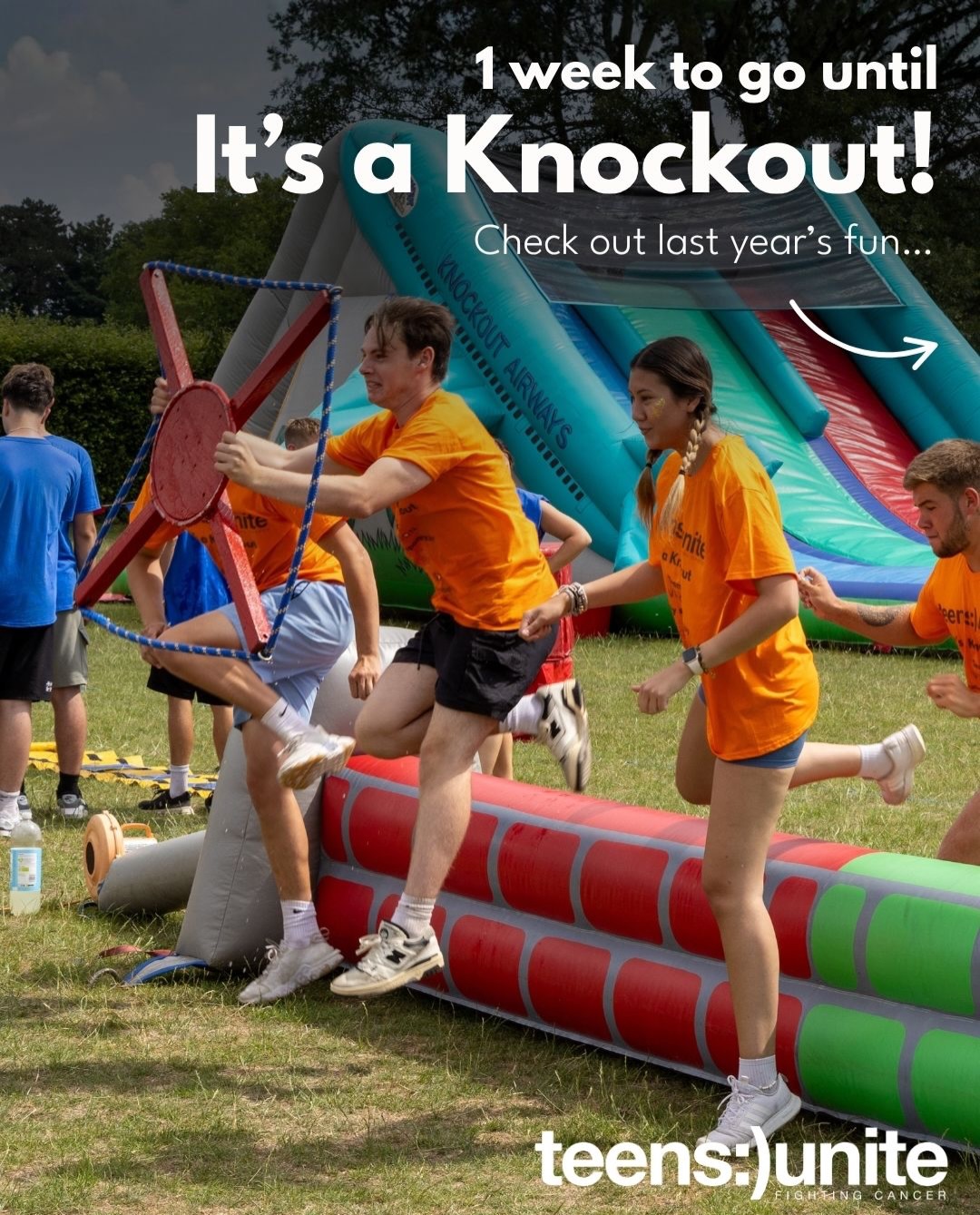 🚨 JUST ONE WEEK TO GO! 🚨
Are you ready for the ultimate day of laughs, inflatables, and unforgettable fun? 🎉
Join us for It’s a Knockout on Sunday 12th July for a day packed with giant inflatable obstacles, hilarious challenges, and friendly competition!
🎟️ Don’t leave it until the last minute - secure your place today!
💜 Kids kick off the action in the morning
🌟 Adults take on the course in the afternoon
💚 Plus BBQ, games, stalls, entertainment, and fun for the whole family!
Whether you’re taking on the course or cheering from the sidelines, it’s guaranteed to be a fantastic day out.
📅 Sunday 12th July
📍 Wormley Playing Fields, Church Lane, Broxbourne, EN10 7QE
🔗Book now via the link in our bio!
Every ticket sold helps Teens Unite support young people living with, and beyond, cancer.
#hertforshire #broxbourne #wormley #herts #teencancer