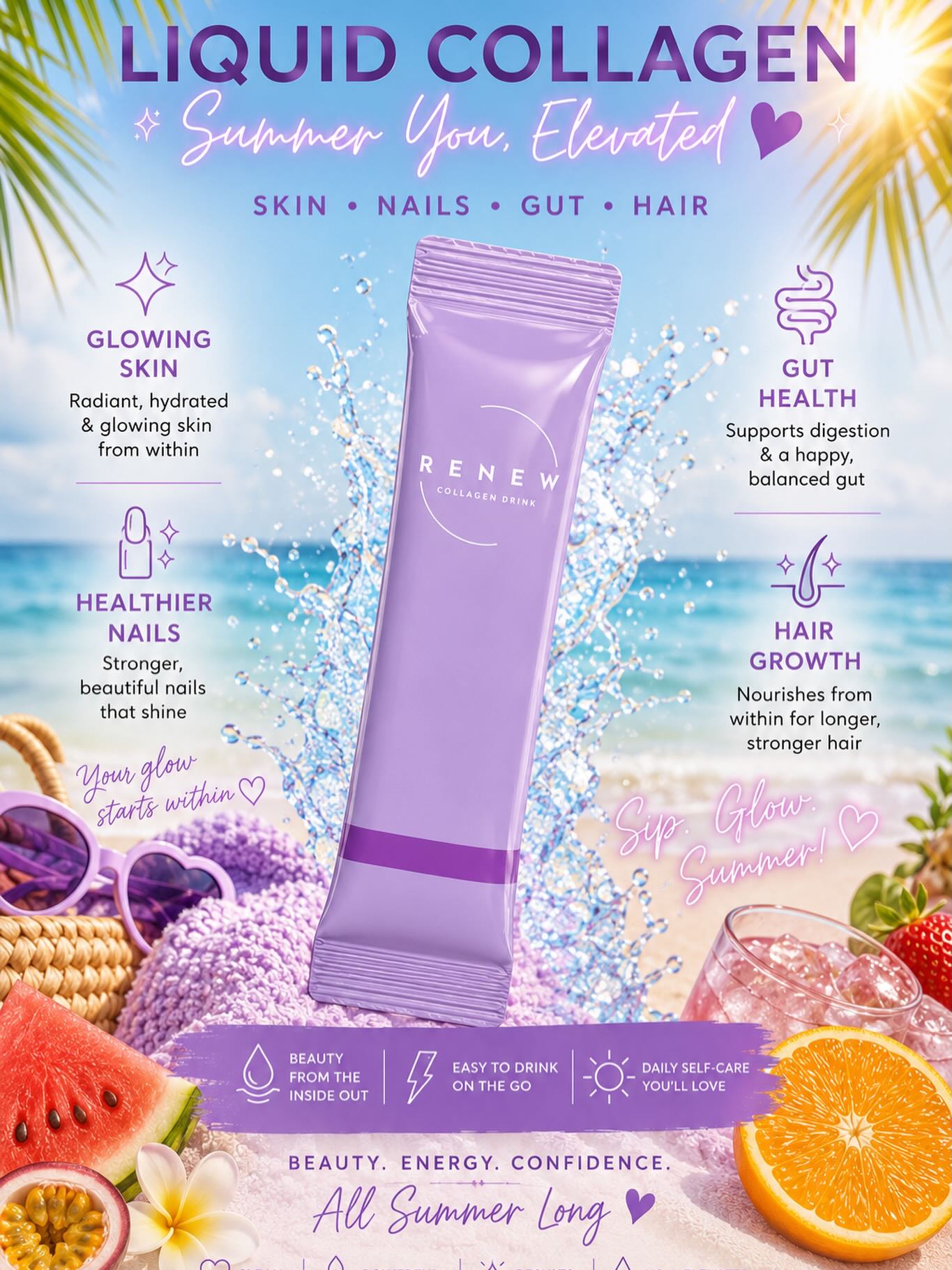 ☀️💜 Summer Glow Starts from Within! 💜☀️
Meet your new summer beauty essential—RENEW Liquid Collagen! 🌸✨
Hydrate, glow, and nourish your body from the inside out with every easy-to-drink sachet.
💜 Glowing skin
💜 Healthier, stronger nails
💜 Supports gut health
💜 Promotes healthier-looking hair
Perfect for busy days, beach trips, holidays, or whenever you need a little beauty boost on the go! 🌴 🍇
This summer, don’t just protect your glow—build it from within. ✨
Sip. Glow. Shine. 💜
#RenewLiquidCollagen #SummerGlow #GlowFromWithin #CollagenDrink #HealthySkin HairGoals HealthyNails GutHealth BeautyRoutine BeautyFromWithin SummerWellness SelfCare RadiantSkin GlowSeason