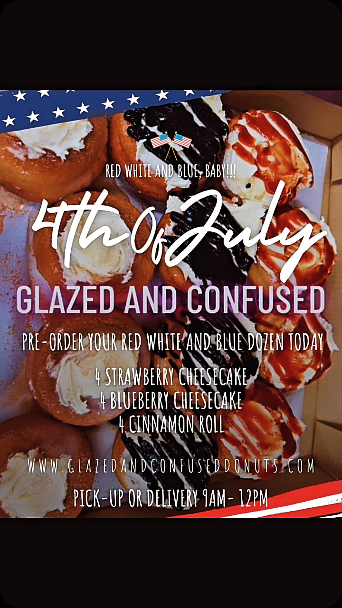 July 4th will mark 250 years since the Declaration of Independence was adopted in 1776. We hope everyone has a safe and fun holiday weekend! 🇺🇸 PRE-ORDER YOUR RED WHITE AND BLUE DOZEN FOR PICK-UP OR DELIVERY SATURDAY 9AM-12PM!