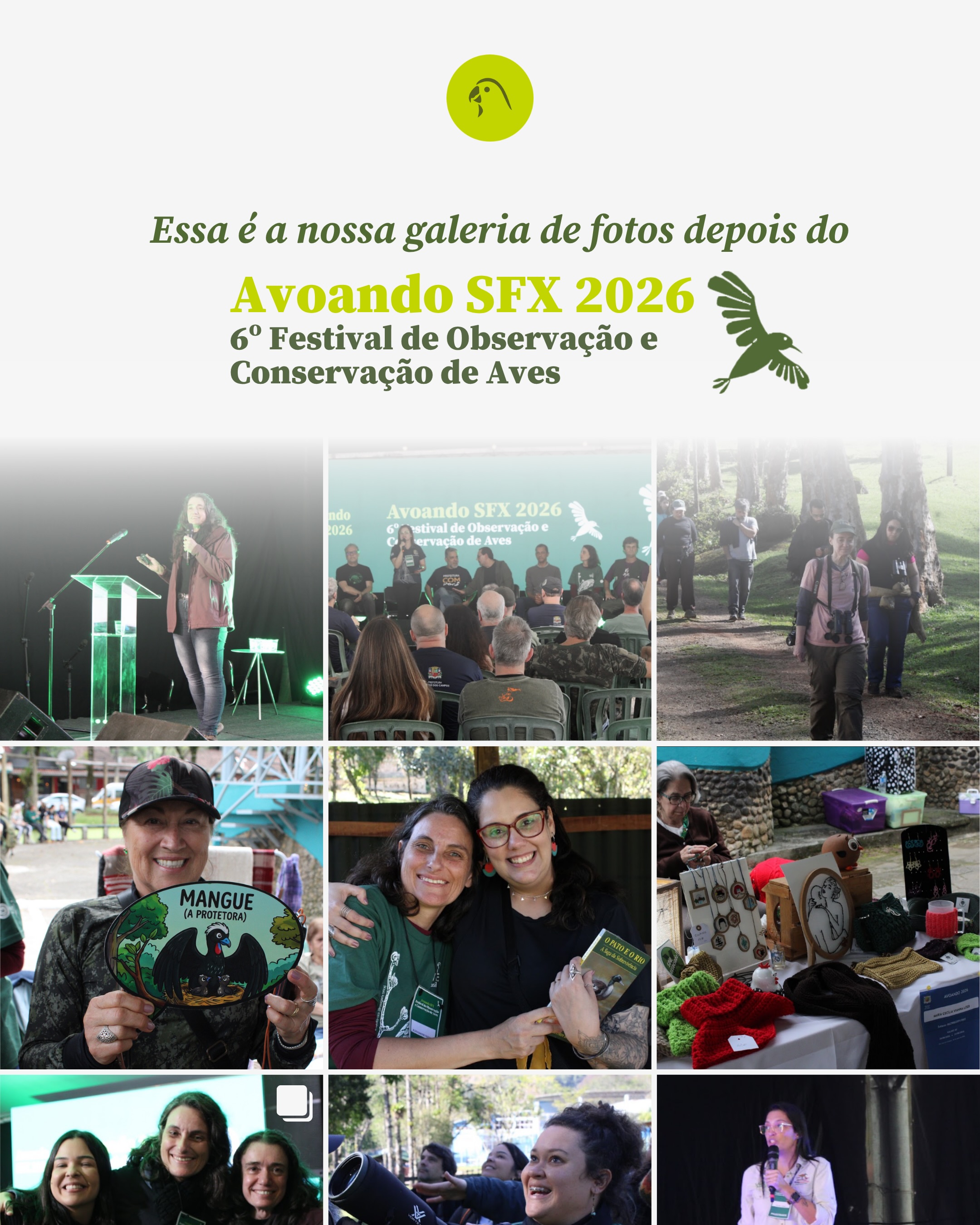 Mais do que um festival, o Avoando SFX 2026 foi um encontro de pessoas apaixonadas pela natureza, pela observação de aves e pela conservação. 💚
Foram dias de aprendizado, troca de experiências, música, arte, passarinhadas e muitas conexões inesquecíveis. E o mais especial: tudo isso só aconteceu porque vocês fizeram parte dessa história!
Além de dezenas de pessoas que passaram pelas palestras, exposições e feira de artesanato, reunimos:
✨63 participantes na Passarinhada do Parque dos Pássaros;
✨66 participantes na Passarinhada da RPPN;
✨24 participantes na Passarinhada em São José dos Campos.
Agradecemos a cada pessoa que caminhou, observou, aprendeu e celebrou a biodiversidade com a gente. Que esses registros inspirem ainda mais pessoas a olhar para as aves e para a natureza com carinho e respeito.
Nos vemos na próxima edição! 💚
#AvoandoSFX2026 #ObservaçãoDeAves #Conservação #Natureza #SAVEBrasil