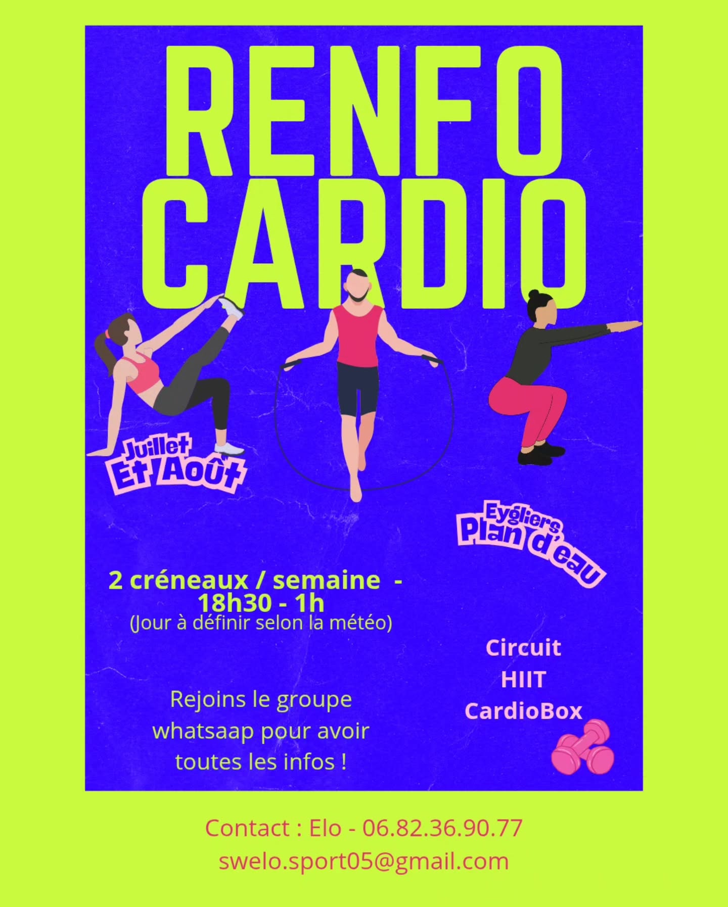 ☀️ Cet été, on bouge ensemble !
On se retrouve pour des séances de Circuit Training, Renforcement musculaire, Cardio Box en extérieur sur Juillet/Août ;)
Adapté à tous les niveaux, matos de torture fourni par mes soins 😈 (mais, prévoir 1 tapis si possible !)
À plusieurs, on se dépasse, on progresse et on prend surtout du plaisir à s'entraîner.
📲 Rejoins le groupe WhatsApp pour découvrir les tarifs, les horaires et les lieux de rendez-vous.