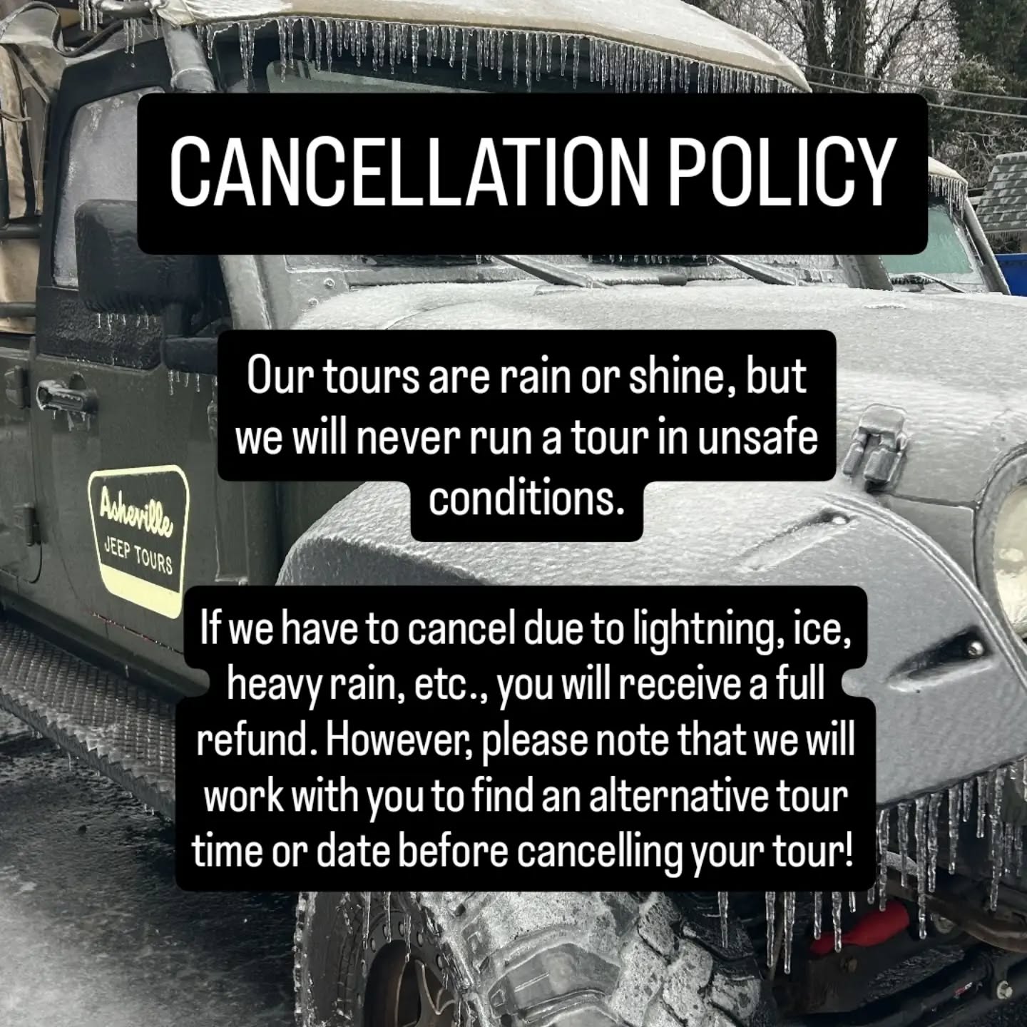 Our cancellation policy is straight forward:
β’ more than 2 weeks before the tour: 100% refund (minus the admin fee)
β’ within 2 weeks of the tour date: 50% refund (minus the admin fee)
β’ within 48hrs: no refund
You can purchase trip protection for $39.99 and cancel with full refund at any point.
Our tours are rain or shine, and we will not cancel due a light rain; however, if we have to cancel due to unsafe conditions, we will work with you to reschedule, or issue a full refund.