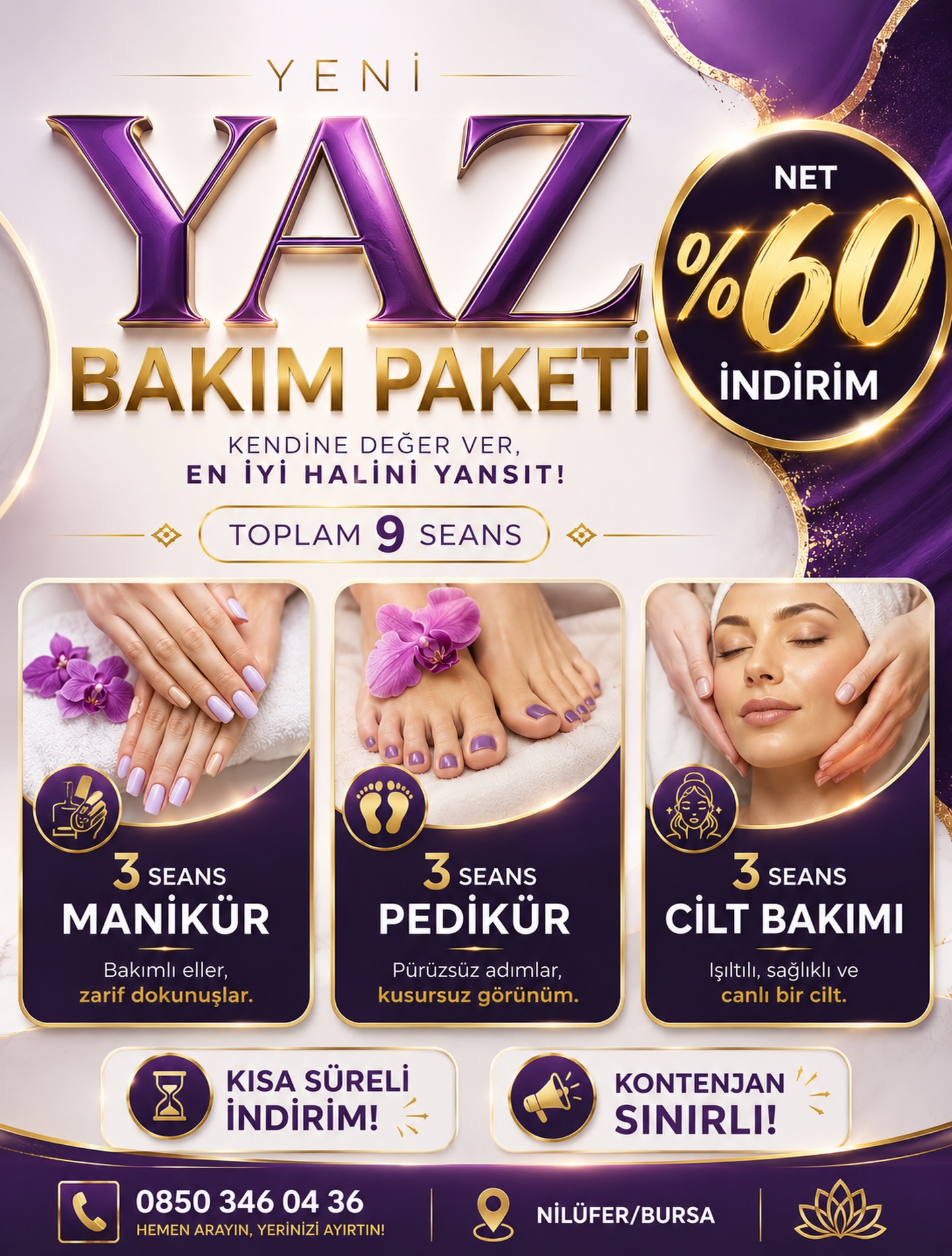 YENİ YAZ BAKIM PAKETİ %60 İNDİRİMDE!
🔥 Toplam 9 Seans 🔥
BU BİR İLK‼️
3 Seans Manikür
3 Seans Pedikür
3 Seans Cilt Bakımı
Bu yaz bakıma doyacaksınız 🔥
Fiyat bilgisi için yoruma “Fiyat” yazınız 👇🏻
Bu paketimizde kontenjan ve süre sınırı vardır!
Fiyat bilgisi için hemen mesaj atabilirsiniz.
Hızlı Randevu İçin: 0850 346 04 36