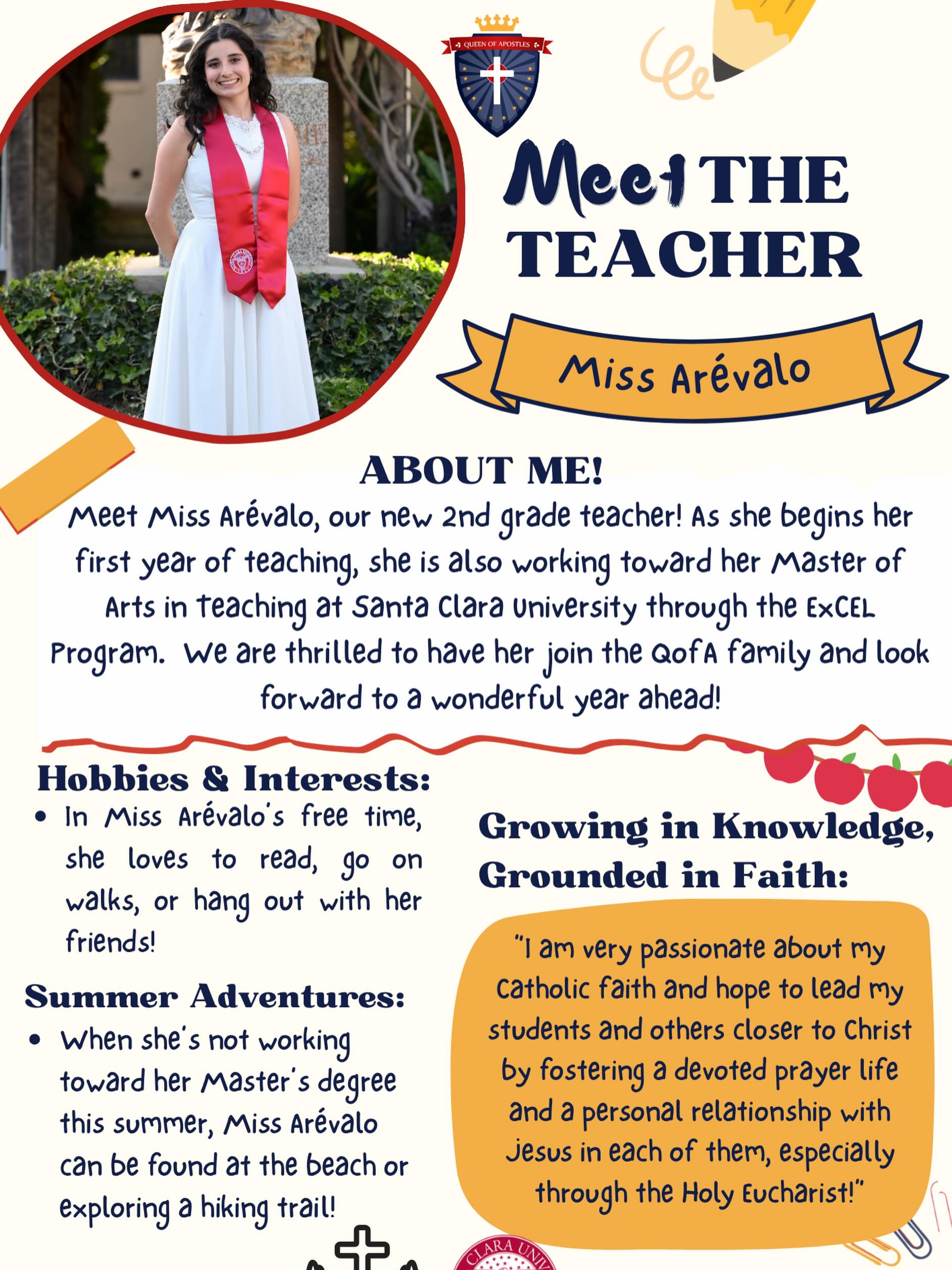 Meet the Teacher: Miss Arévalo!
We are so excited to welcome Miss Arévalo to the Queen of Apostles community! She will be teaching 2nd Grade this year, we can’t wait for the wonderful year ahead ❤️💙
#QofA #NeverGiveUp #MeettheTeacher #santaclarauniversity #dsjcatholicschools