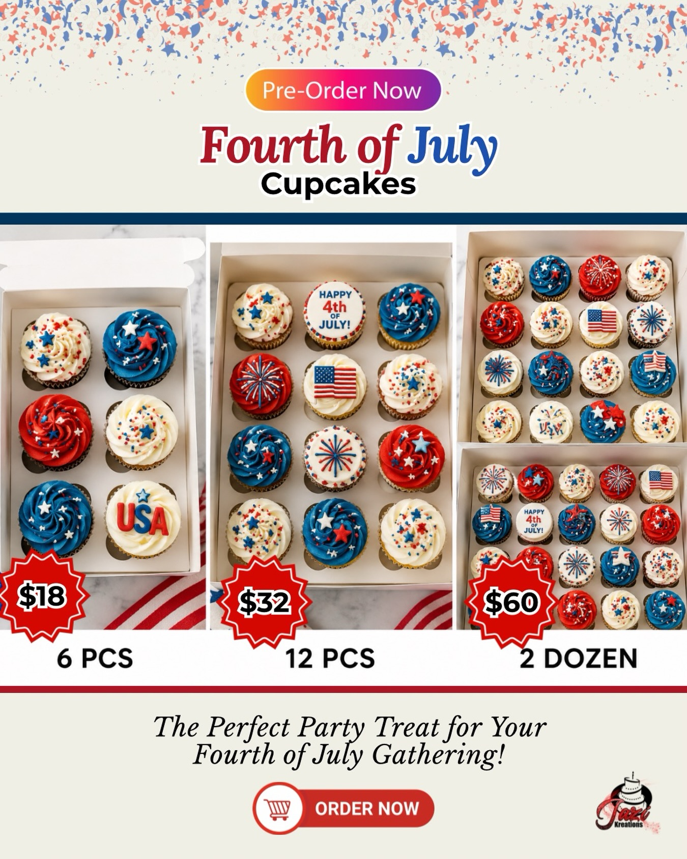 Fourth of July Cupcakes are here! ❤️🤍💙🧁
Celebrate Independence Day with our festive cupcakes!
Available in 6 pcs, 1 dozen, and 2 dozen, perfect for BBQs, parties, and family gatherings.
📅 Pickup: July 3 & 4 | 9 AM – 4 PM
📍 Jazi Kreations
3626 Apalachee Parkway, Suite 10
Tallahassee, Florida
Order deadline: July 2 or until sold out!
DM us to reserve yours today!✨