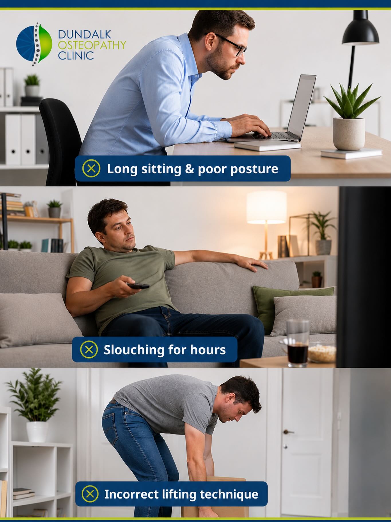 3 Reasons for your lower back pain 👇 👉 Poor posture from long hours spent on the laptop or at your desk. 👉 Slouching for hours and causing ligamentous strain. 👉 Improper lifting technique, brace that core, straighten your back, reduce the slack in the shoulders and go for it. You dont have to suffer on. 🕵️♂️ We can investigate your back pain for you. Here we assess, treat & rehabilitate with a plan that suits your schedule whether thats face to face in clinic or online 💻 #backpain #sciatica #discbulge #dundalkosteopathyclinic #dundalksportsmedicine