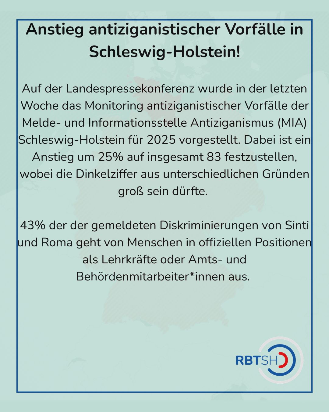 Hier geht es zum Bericht
https://mia-sh.de/2026/06/25/mia-schleswig-holstein-veroeffentlicht-2-jahresbericht-zu-antiziganistischen-vorfaellen-in-schleswig-holstein-83-vorfaelle-im-jahr-2025/