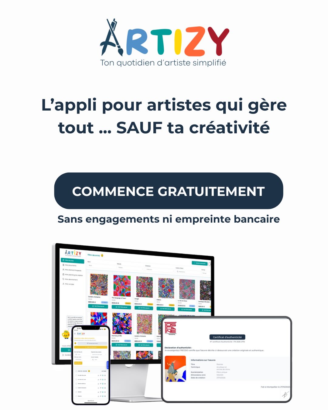 ✨ BeYOU recommande ARTIZY à tous les artistes qui veulent professionnaliser leur activité.
Depuis 15 ans, nous accompagnons des artistes dans le développement de leur carrière. Le constat est souvent le même :
un talent indéniable, des œuvres inspirantes mais une gestion administrative chaotique et chronophage qui plombe leur créativité et la promotion de leur art.
🔥 ARTIZY, l’application qui gère et centralise tout votre administratif : inventaires, factures, certificats d’authenticité, bons de depot, suivis clients, galeries etc.
GRATUIT, sans engagement ni emprunte bancaire. Toutes les infos sur le site ARTIZY - lien en bio
@artizy_app