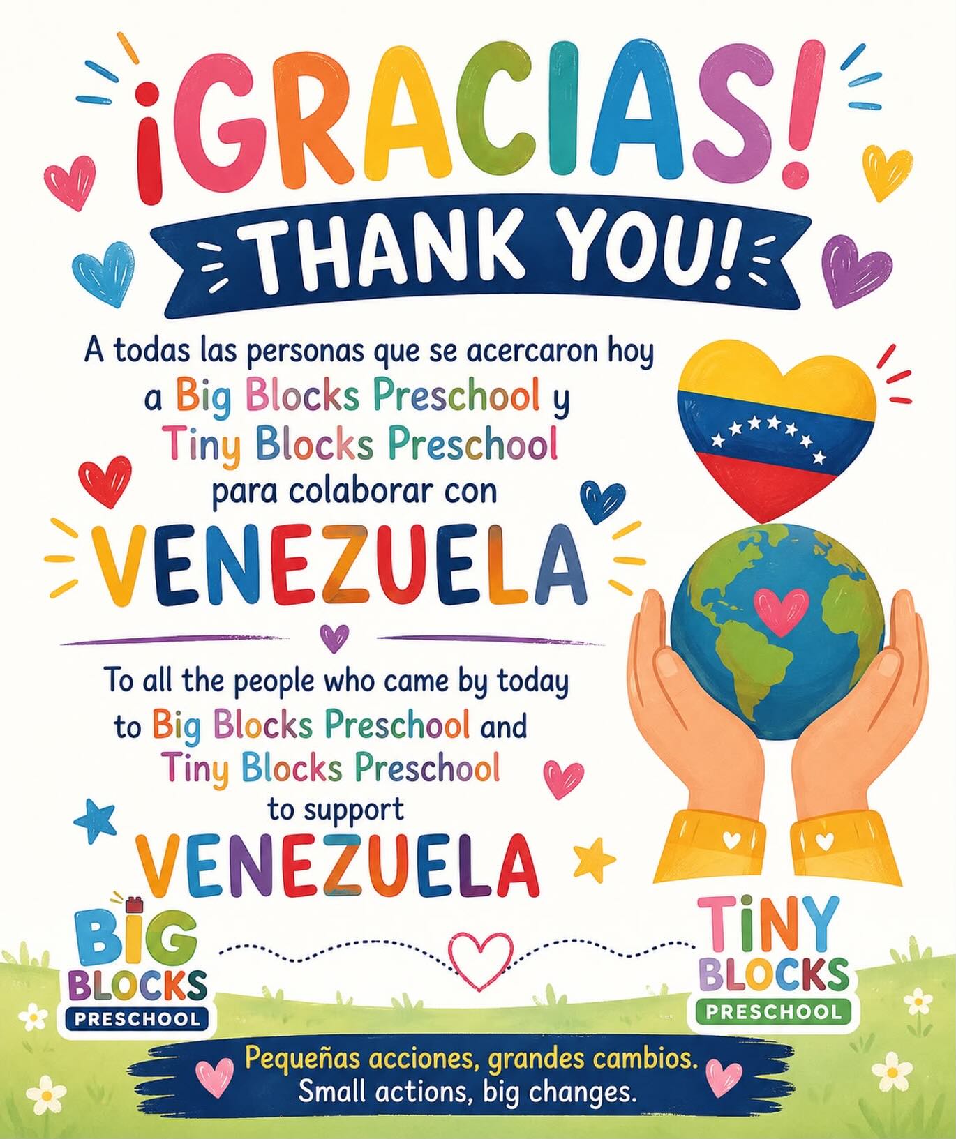 Thank you, thank you, thank you! ❤️🇻🇪
We want to express our deepest gratitude to everyone who came by today to Tiny Blocks Preschool and Big Blocks Preschool to support Venezuela.
Seeing our community come together for such a beautiful cause fills our hearts with pride and gratitude. Every little bit counts, and as we always say: small actions, big changes. ✨