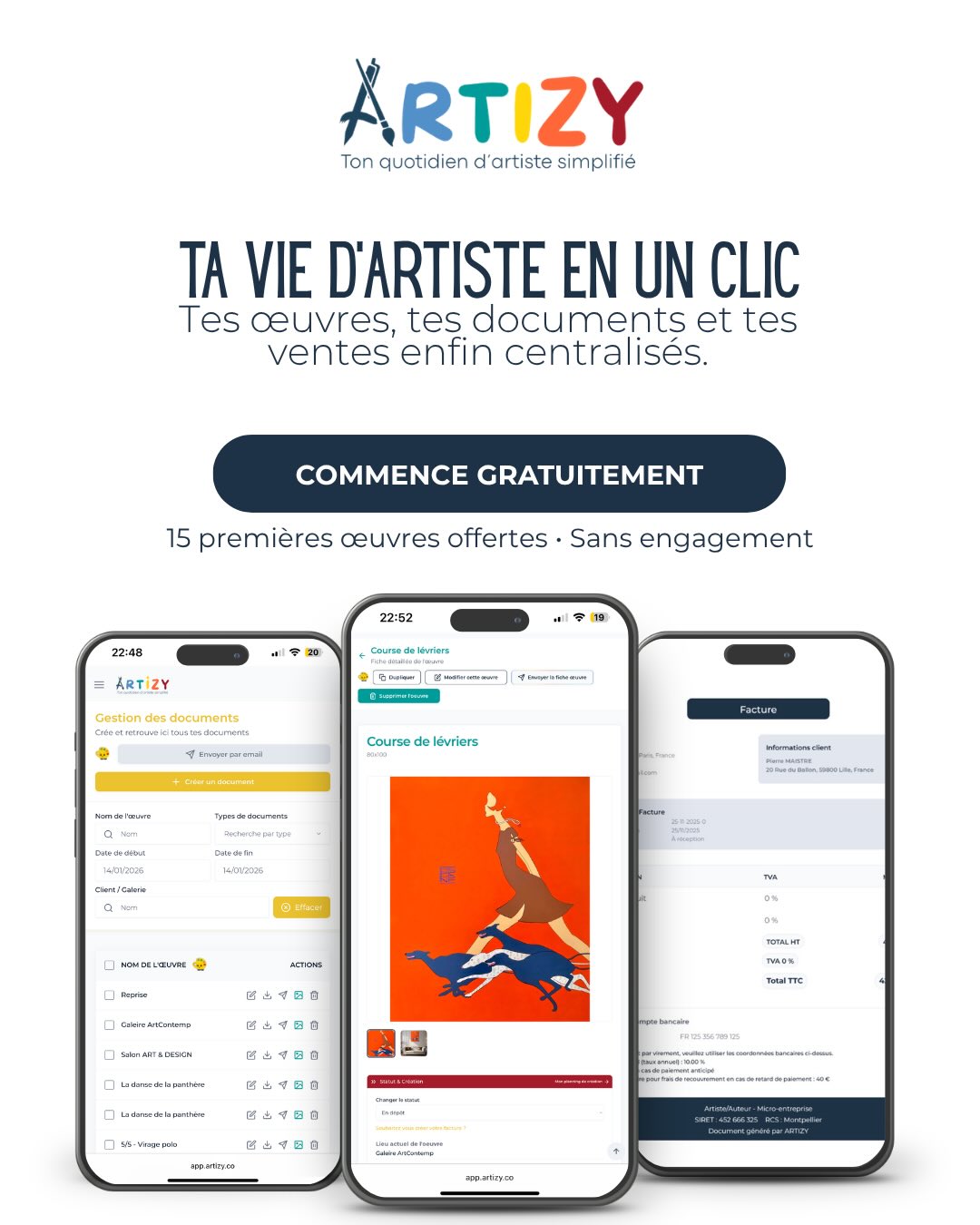 ✨ Forts de 15 ans d’expérience dans la gestion de carrière d’artistes, nous avons participé au développement de l’application ARTIZY.
📱 ARTIZY gère et centralise tout ton administratif : inventaires d’œuvres, factures, certificats d’authenticité, bons de dépôt, suivis clients, galeries etc.
💻 De ton smartphone, tablette ou ordinateur, il suffit de quelques clics pour professionnaliser ton activité.
🔥 Du temps libéré pour la créativité et pour la promotion de tes œuvres ? Commence dès maintenant, c’est GRATUIT : plus d’informations sur le site (lien en bio).
@artizy_app