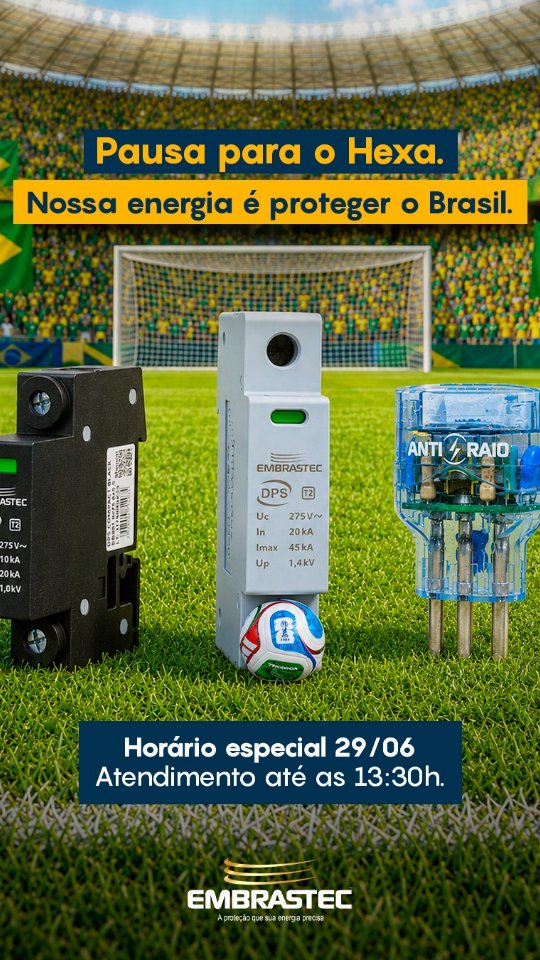 A nossa bandeira é a proteção, mas o nosso coração é verde e amarelo! 💚💛
No dia 29/06, a Embrastec entra em campo com a torcida brasileira. Estaremos operando em horário especial para que nossa equipe também possa vibrar pelo nosso país.
⏰ Horário de funcionamento no dia 29/06:
Até as 13:30.
Planeje suas demandas e conte conosco para manter tudo protegido antes do apito inicial. Estamos na torcida pelo Hexa! 🏆
Deixe seu "VAI BRASIL" nos comentários! 👇
#Embrastec #DPS #Brasil #CopaDoMundo #Hexa EngenhariaElétrica