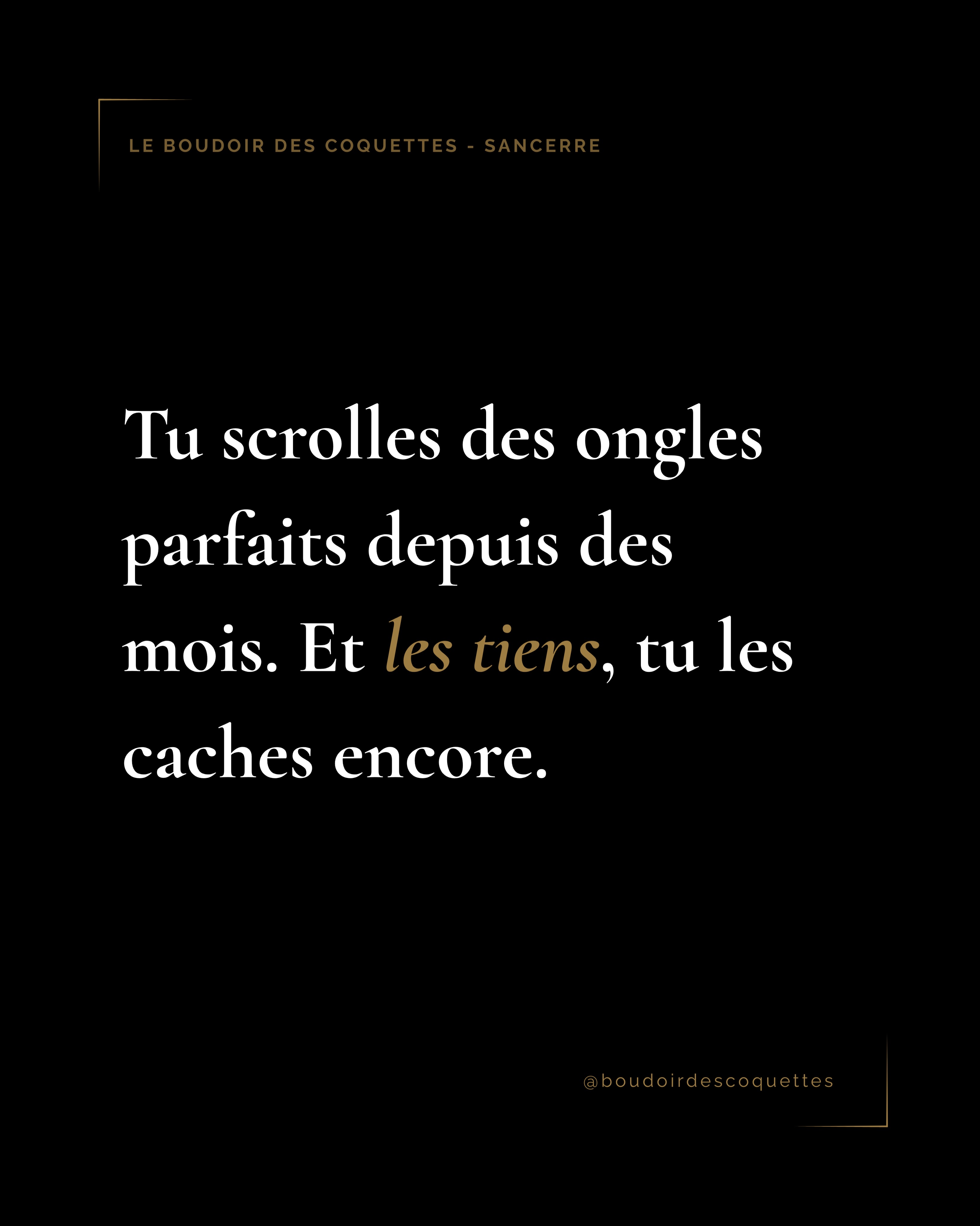 Tu les connais déjà, ces ongles. Tu les as vus, sauvegardés, imaginés sur toi.
Alors vas-y, offre-toi ce rdv. Choisis-toi.
——
Morane - prothésiste ongulaire
Beauté des mains et des pieds
Soin des ongles
Manucure & pédicure à Sancerre