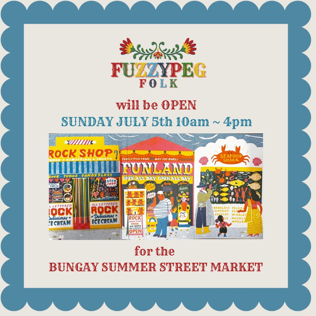 Follow the bubbles…
Summertime stalls’ images from the fab “Along the Pier” concertina book by Louise Lockhart for sale, together with her other book “Up my Street”, in FuzzypegFolk shop and website.
#bungay #bungaysuffolk #imforeverblowingbubbles