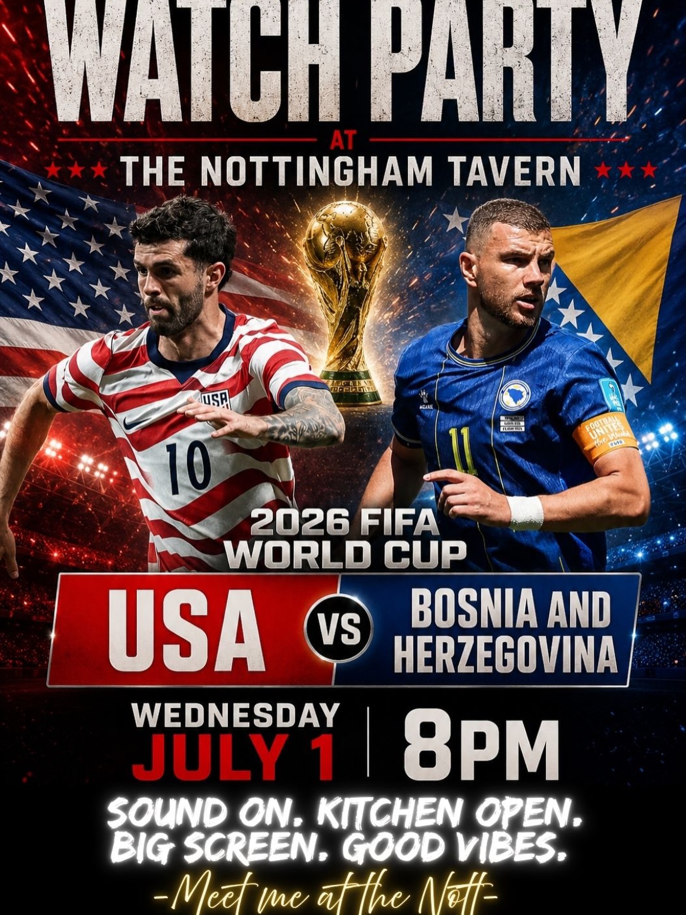 Every goal hits harder at the Nott ⚽🇺🇸🔥
Team USA is back on the big screen Wednesday, July 1 at 8 PM as they take on Bosnia and Herzegovina.
Sound on. Kitchen open. Drinks flowing. Big game energy all night.
Grab your crew, wear your red white and blue, and get ready for a big one.
Who are you rooting for? 🇺🇸👇
Meet me at the Nott.
