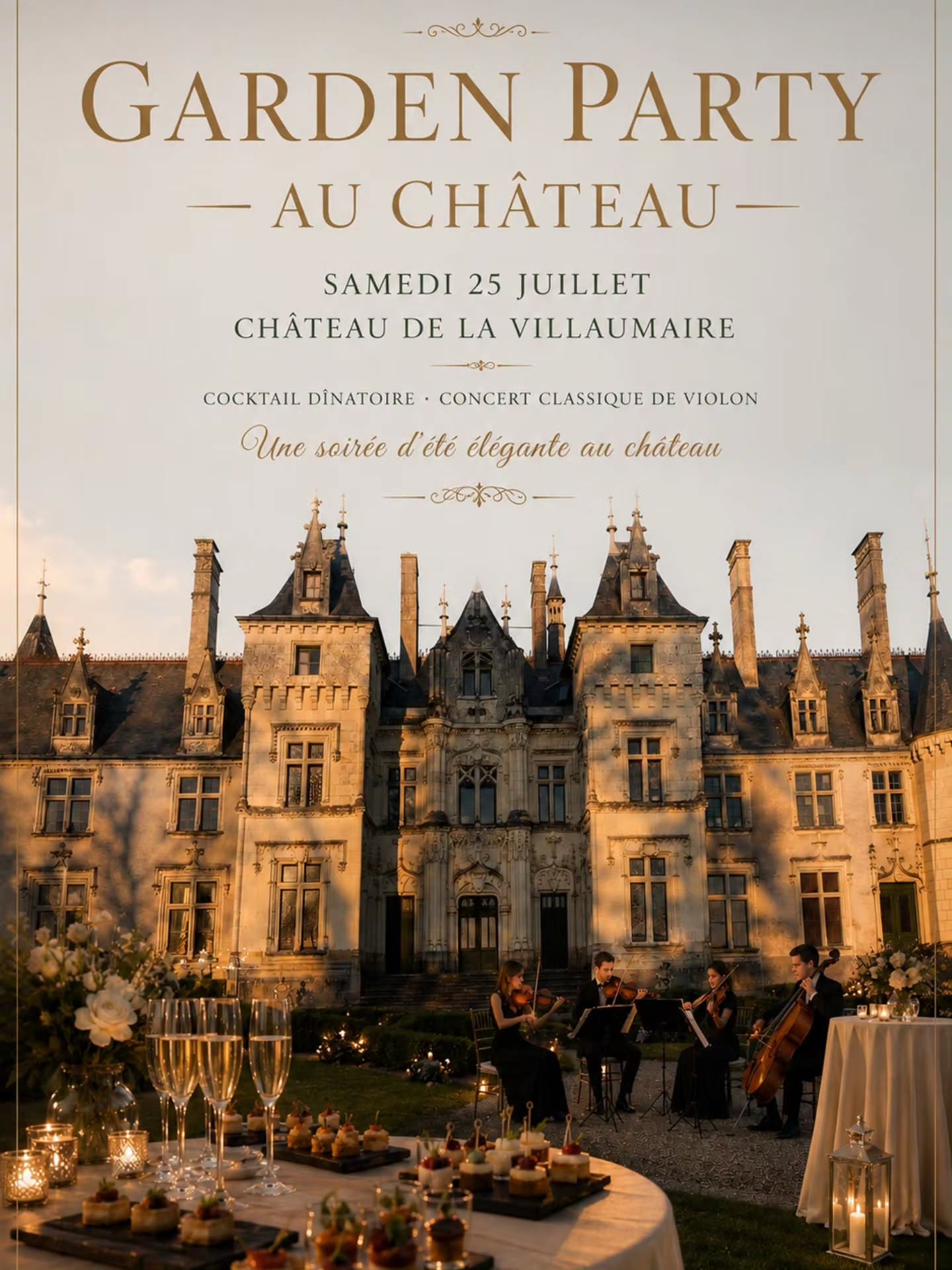 🥂 Garden Party au Château de la Villaumaire — samedi 25 juillet
Le temps d’une soirée d’été, le château vous ouvre son parc pour une parenthèse élégante, musicale et conviviale.
Dès 19h30, vous serez accueillis autour d’un cocktail dînatoire en plein air : petites bouchées salées et sucrées, boissons fraîches, quelques bulles, et une ambiance DJ lounge pour ouvrir la soirée avec légèreté.
Puis, à la tombée du jour, le parc deviendra un écrin musical pour un concert classique confié au Quatuor Cémée.
Au programme : un dialogue délicat entre Fanny et Félix Mendelssohn, entre intensité, lumière et émotion.
Une soirée chic sans raideur, élégante sans faste inutile, pour profiter de la douceur de l’été au château.
👔 Dress code : tenue estivale élégante
🎟️ Places limitées à 100 personnes
🥂 Tarif prévente : 29,50 € — 30 places uniquement
🎫 Tarif normal : 34,50 €
Réservation obligatoire.
#chateaudelavillaumaire #gardenparty #chateaudelaloire #sortirentouraine #touraine