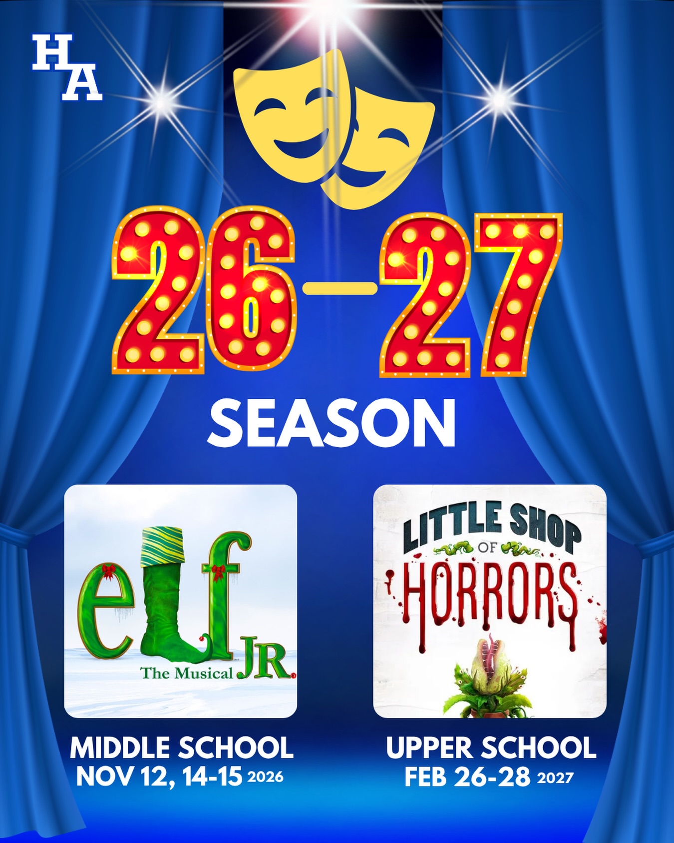 The curtain isn’t up yet… but the magic is already happening. While you’re soaking up summer, our performing arts department is already hard at work bringing TWO incredible shows to life next season. The stage is calling. Are you ready?
Elf, Jr. auditions: Sept 14 & 15 @ 3:30 pm
Little Shop of Horrors auditions: Nov 30 & Dec 1 @ 3:30 pm