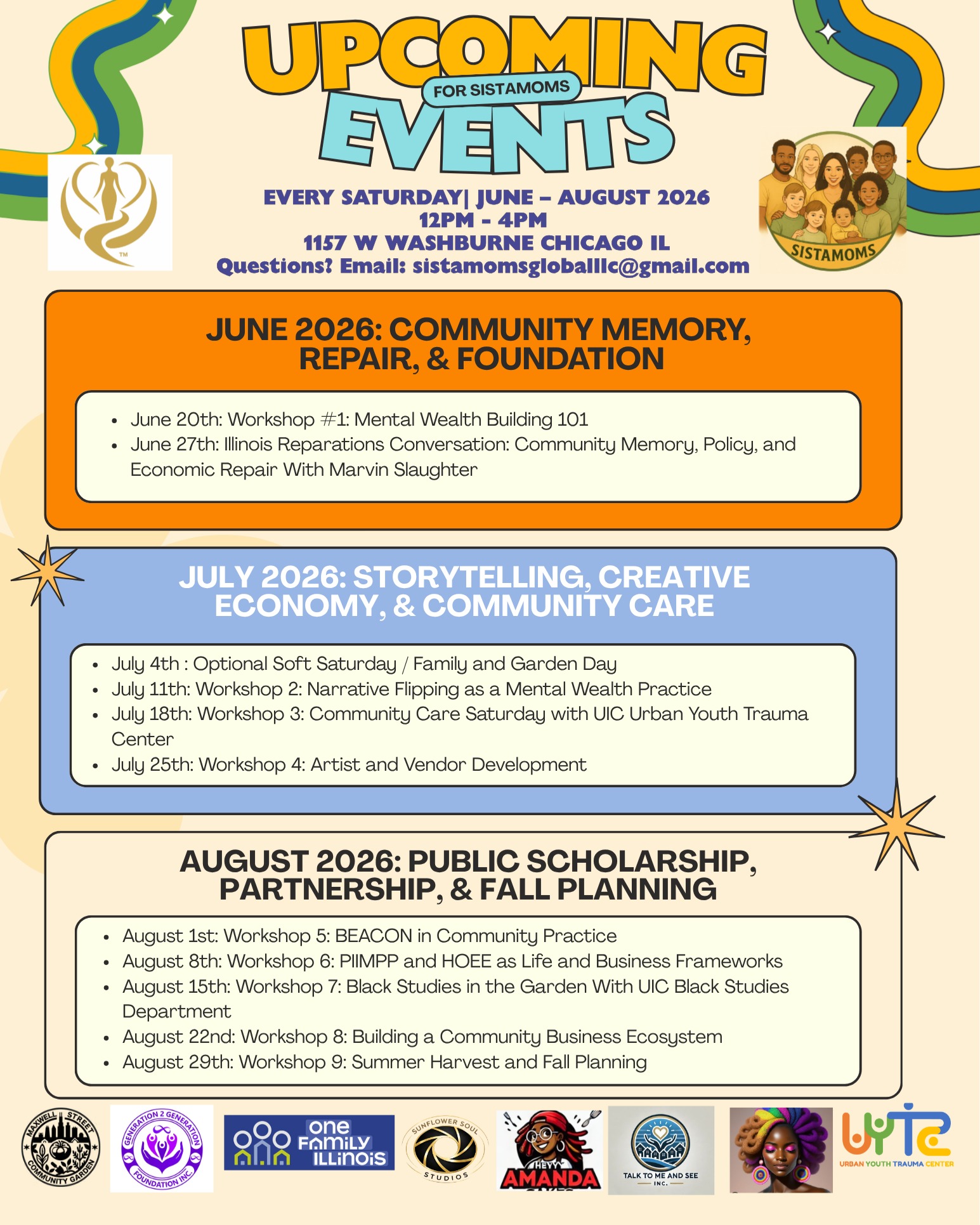 Our community partner @sistamoms_global hosts Saturday afternoon workshops, classes, and events. The theme for July is "Storytelling, Creative Economy, and Community Care." Please consider joining them for these educational and community focused activities! Events are typically at 1157 W Washburne but please feel free to reach out to sistamomsgloballlc@gmail.com with any questions!