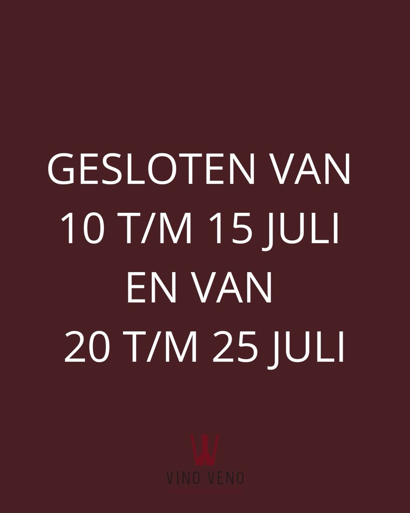 Vakantiesluiting!
Vino Veno is gesloten van 10 t/m 15 juli en van 20 t/m 25 juli.
Dit betekent dat je tussendoor wel de mogelijkheid hebt om te komen shoppen, omdat de winkel geopend is op 16, 17 en 18 juli volgens reguliere openingstijden.
Een fijne zomer gewenst ☀️
www.vinoveno.nl
.
#Vakantiesluiting #VinoVeno #Wijnwinkel #JuliOpeningstijden #Zomervakantie