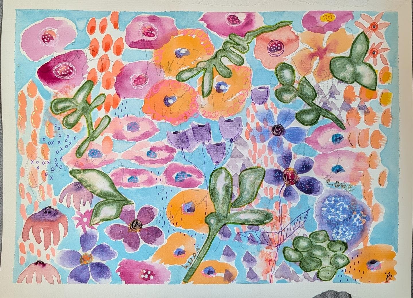 Summer flowers in a relaxing, loose, watercolor style. Love the pretty geranium orangey pink colors. The background is a blue gouache. Also touches of gold foil using my Sakura quickie glue pen 🌸🌸🌸
#watercolorart #watercolormixedmedia #watercolorpainting #abstractwatercolor