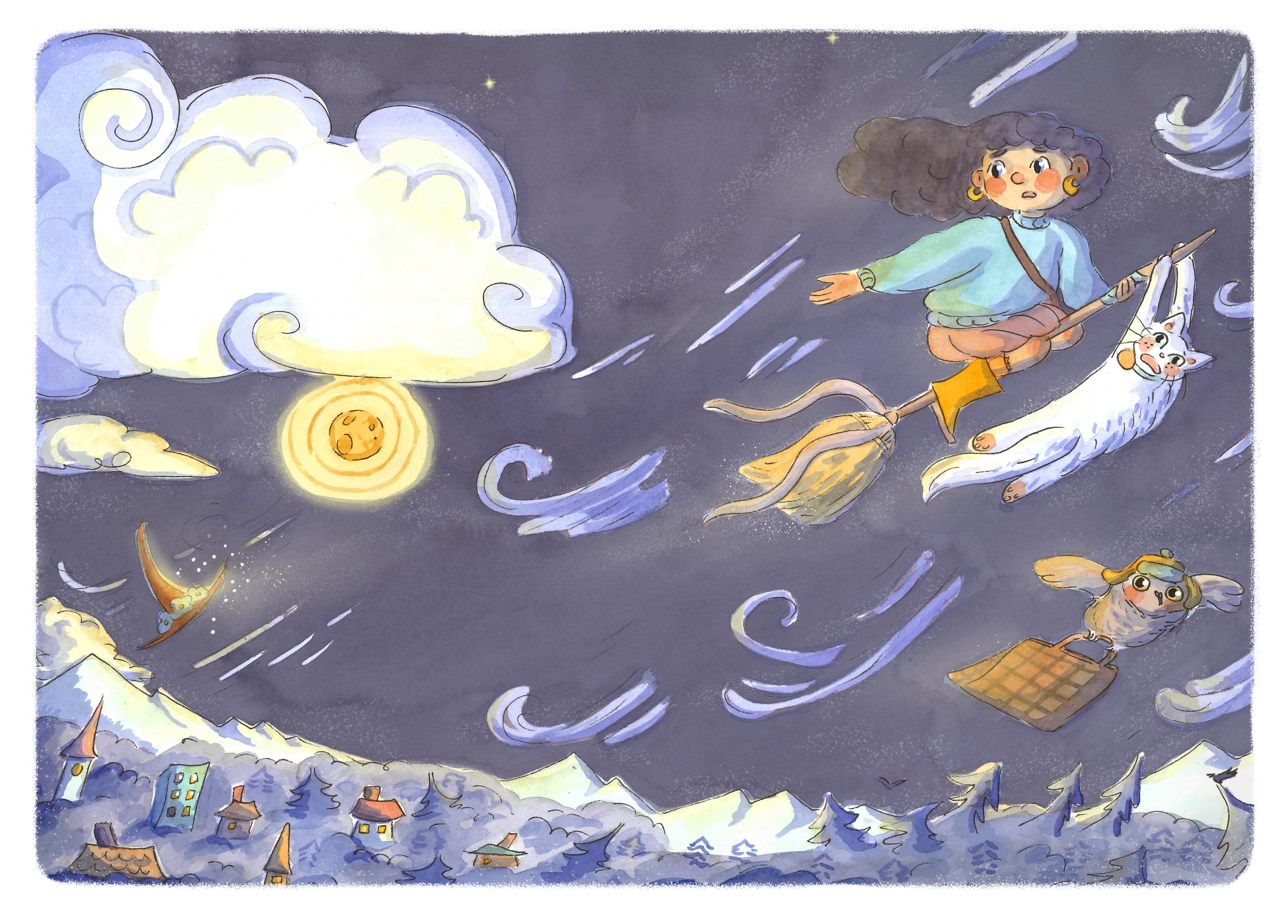 Page two from the story of the Witch’s hat.
Her very first, most favorite and most beautiful hat swished in the wind & flew far into the darkness. The storm was too strong & the little witch could not see where it went.
All three barely held on.
Reluctantly & heartbroken they decided to go home
& wait for the storm to pass.
Made with watercolor.
#childrensbookillustrator #fairytaleillustration #fairytaleart #modernfairytale #halloweenartwork