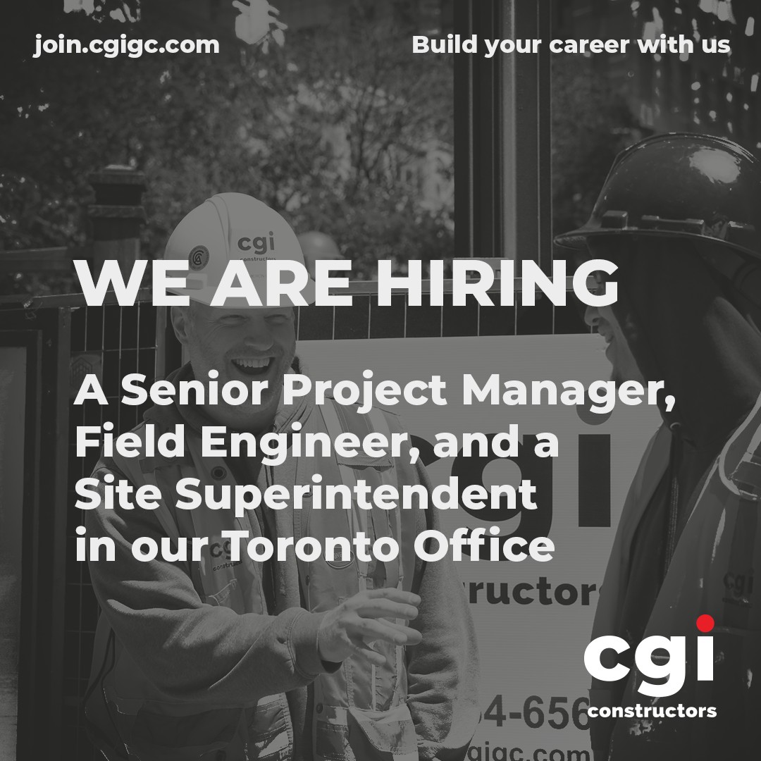 We're growing our Toronto team!
CGI is currently hiring for the following positions in our Toronto office:
👷♂️ Project Manager
👷♂️ Superintendent
👷♂️ Field Engineer
If you're looking to join a collaborative team delivering exciting commercial, institutional, and civic construction projects across Ontario, we'd love to hear from you.
At CGI, we believe our people are our greatest strength. We offer opportunities to work on meaningful projects, grow your career, and be part of a company recognized as one of Canada's Top Small & Medium Employers and one of Greater Toronto's Top Employers for two consecutive years.
Ready to build your future with us? Visit our Careers page to learn more and apply today.
#CGIConstructors #JoinCGIConstructors #PeopleBuildingCanada #NowHiring