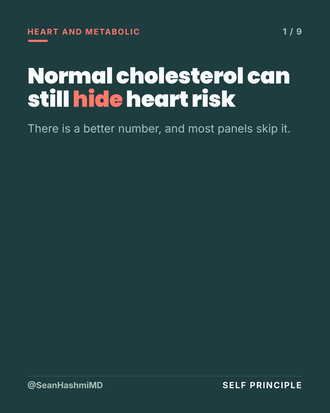 A normal LDL cholesterol can still hide heart risk, and there is a better number most panels skip: ApoB. LDL measures the cholesterol inside your particles. ApoB counts the particles themselves, and those particles are what lodge in the artery wall. In discordance analysis in Current Opinion in Lipidology, ApoB predicted cardiovascular risk more accurately than LDL or non-HDL cholesterol. In 9,191 statin-treated people with heart disease, high ApoB with a low LDL carried about 40% higher heart attack risk in the Journal of Geriatric Cardiology. The 2026 ACC and AHA cholesterol guideline now recommends measuring ApoB in selected patients. Save the who-should-ask checklist. Send this to anyone told their cholesterol is fine. Tell me in the comments whether ApoB has ever been on your panel. Comment METABOLIC for the free metabolic-health guide. Free weekly breakdowns at selfprinciple.org.
References: Sniderman AD, et al. Current Opinion in Lipidology 2014; PMID 25340478. Li TY, et al. Journal of Geriatric Cardiology 2023; PMID 38161343. Blumenthal RS, et al. 2026 ACC/AHA Guideline on the Management of Dyslipidemia. Journal of the American College of Cardiology 2026; PMID 41824590.
#cholesterol #apob #hearthealth #cardiovascular #metabolichealth