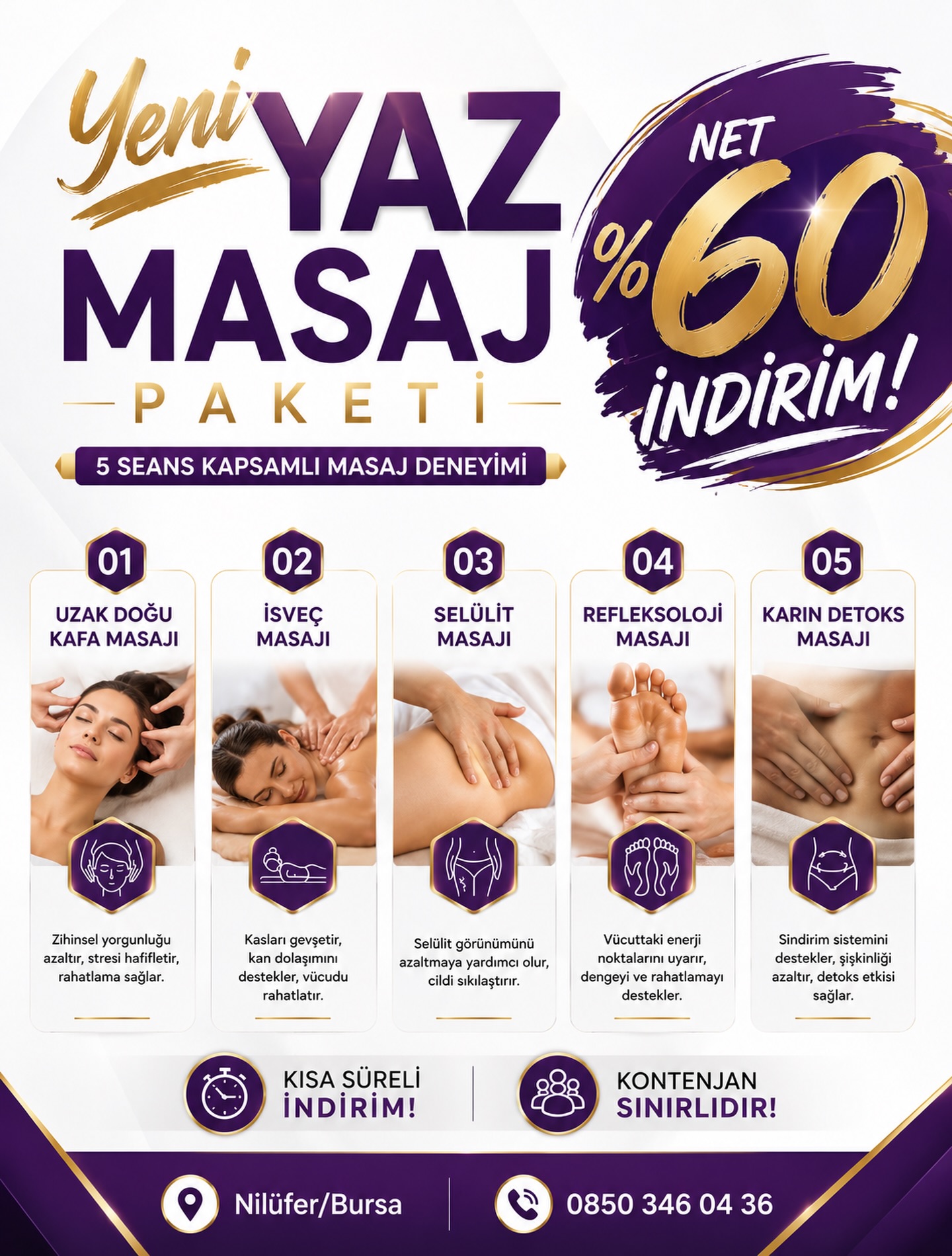 YENİ YAZ MASAJ PAKETİ %60 İNDİRİMDE!
🔥 Toplam 5 Farklı İşlem 🔥
BU PAKET BİR İLK ‼️
Fiyat bilgisi için yoruma “Fiyat” yazınız 👇🏻
Bu paketimizde kontenjan ve süre sınırı vardır!
Fiyat bilgisi için hemen mesaj atabilirsiniz.
Hızlı Randevu İçin: 0850 346 04 36