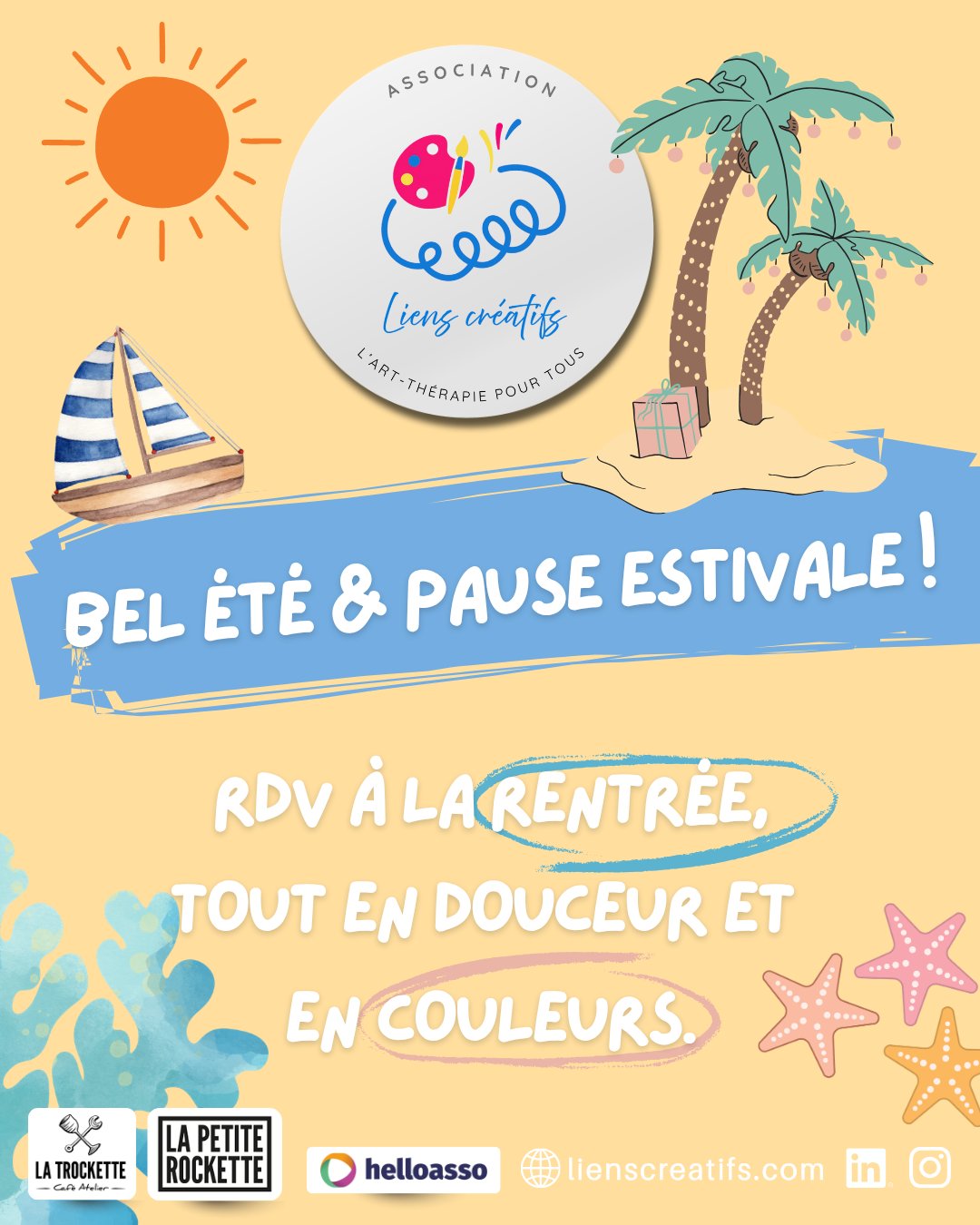 Je vous souhaite un très bel été ! ☀️
💛 Merci pour votre confiance et pour tous les beaux moments partagés cette année ! 🙏
📍 Je vous retrouve dès la rentrée avec de beaux projets, en partenariat avec @hopitalparissaintjoseph, @librairiealmora et au sein de @associationlienscreatifs
🎨 Art-thérapie & méditation respiratoire
🌸 Ateliers dédiés aux femmes atteintes d’endométriose 🎗
🎧 Relaxation, musicothérapie, voyages et massages sonores
ℹ️ Dès septembre : ré-ouverture des rendez-vous pour les séances individuelles d’art-thérapie 🗓️
Accompagnements proposés :
• femmes atteintes d’endométriose 🎗
• adultes (stress, anxiété, hypersensibilité, transitions de vie…)
• seniors (bien-être, créativité, lien social)
🌿 Accompagnements personnalisés, dans un cadre bienveillant.
✨ Je vous souhaite un été doux, lumineux et rempli de couleurs ✨🎨🌈
Au plaisir de vous retrouver à la rentrée 😊💜 !!
📧 contact@jessicaarcher.fr
📞 07 49 95 57 05
🌐 www.jessicaarcher.fr
------------------------------------------
✨ À découvrir aussi dès la rentrée au sein de l' @associationlienscreatifs : les ateliers de mes collaboratrices
@verocovarrubias.arteterapia · @camille.gaillardon · @oficialdulcemente
🌐 www.lienscreatifs.com
-----------------------------------------
#SanteMentale #ArtTherapie #ArtTherapeute #Endometriose #EndometrioseEtMoi #SanteFemmes #DouleursChroniques #FemmesEtSante #BienEtre #GestionDuStress #Hypersensibilite #ChargeMentale #AccompagnementTherapeutique #ArtTherapieAccompagnementSenior #ArtTherapieAccompagnementFemme #ArtTherapieAccompagnementAdulte #Creativite #Peinture #Modelage #Collage #MediationArtistique #TherapieAlternative #ExpressionCreatrice #Musicotherapie #VoyageSonore #Relaxation #LiensCreatifs #Accompagnement #PrendreSoinDeSoi #Rentree2026