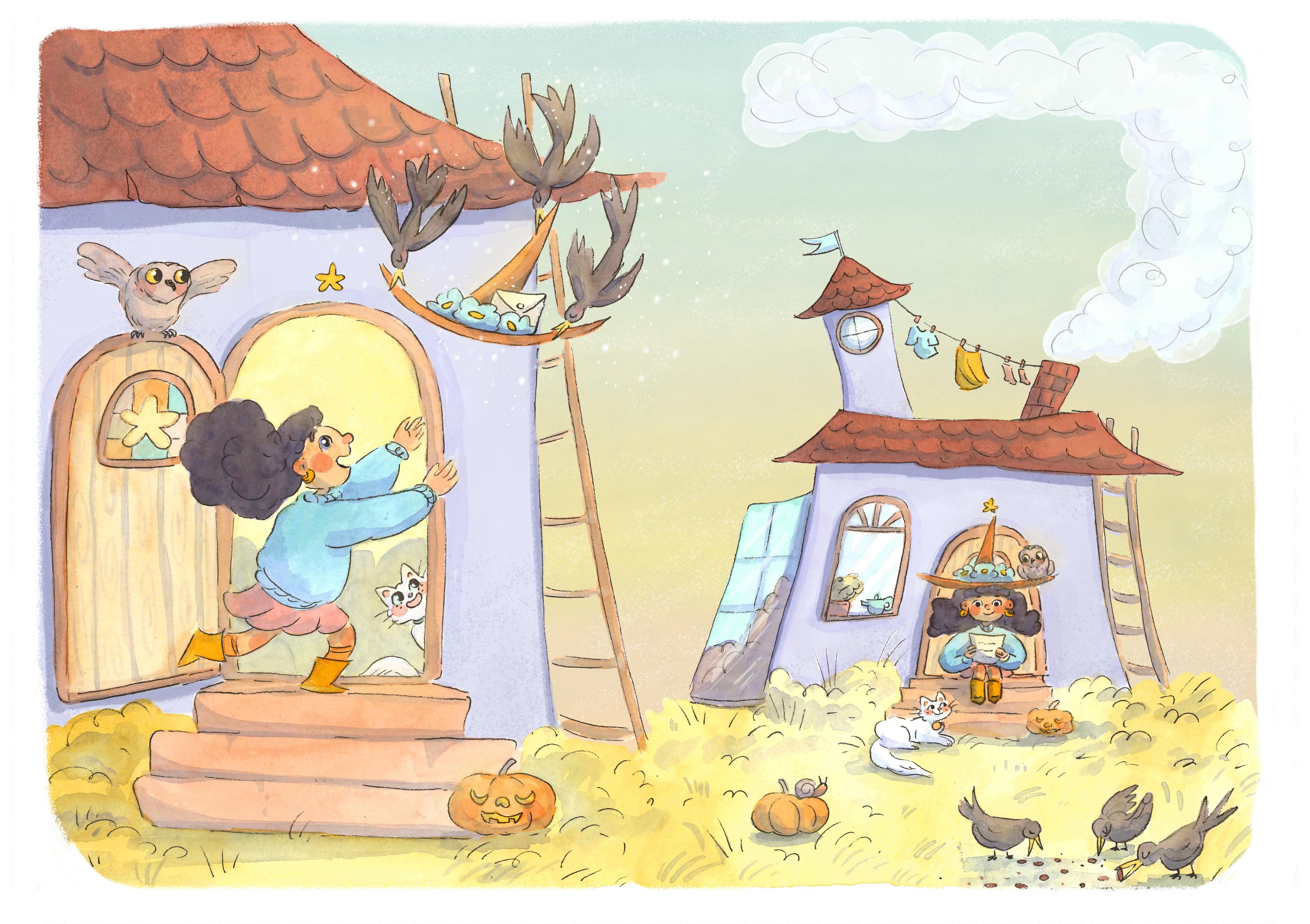 Part 4 of the Witch’s Hat 😊
She had been right. The next day the sun rose & the crows cawed, calling her!
“My hat!” She ran to greet the crows and receive her precious gift.
And these was a letter.
“Who could it be that sent it?” She asked the owl and the cat.
But the letter only said:
“Remember, you’ve got the magic, no matter what! The hat only helps you see it! Will visit you soon, dear child!
Love, Your traveling auntie! I’ll leave it to you to guess which one! XX”
She sighed, she laughed & started preparing for her guest. All the while, doing magic & rocking her new hat!
💖✨🌸
The end 😊!
This project was made to practice illustrating a story in only a few pages. You’ll find all the 4 parts in my feed.
Made with watercolors!
#halloweenillustration #kidlitartist #childrensillustrators #ilustradorainfantil #illustrationcontest