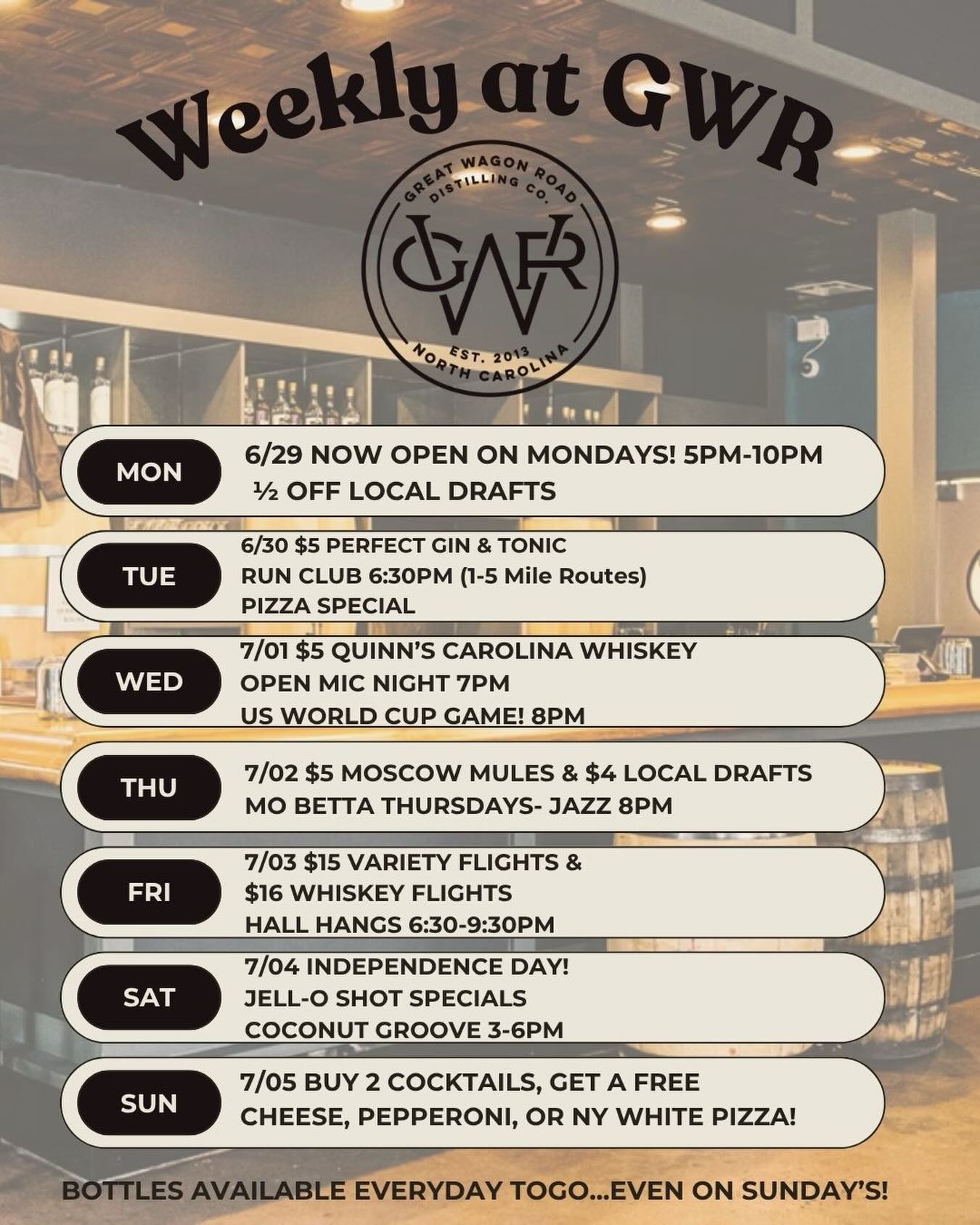 ☀️ New week, new reasons to hang out at GWR.
We’ve got something going on every single day—from ½ off local drafts on our NEW Monday hours 🍻 to Run Club, Open Mic, Mo Betta Thursdays Jazz, Hall Hangs, and a Fourth of July celebration with Jell-O shots and Coconut Groove live from 3–6 PM. 🇺🇸🎶
⚽ Plus, catch the USA World Cup match with us on Wednesday at 8 PM!
Round out the weekend with our Sunday special: Buy 2 cocktails and get a free cheese, pepperoni, or NY White pizza. 🍕🍸
See you at GWR this week! 🥃
#GreatWagonRoadDistilling #CharlotteNC #NoDa #DrinkLocal #livemusic