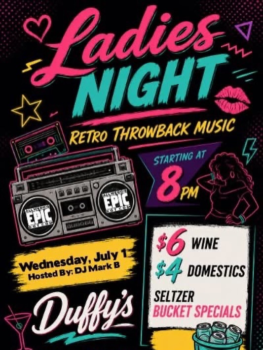 Up first this holiday week, it’s the opener for ladies/retro night at @duffystavern_lg with our guy Mark B. Hope to see you there! #allwedoisepic