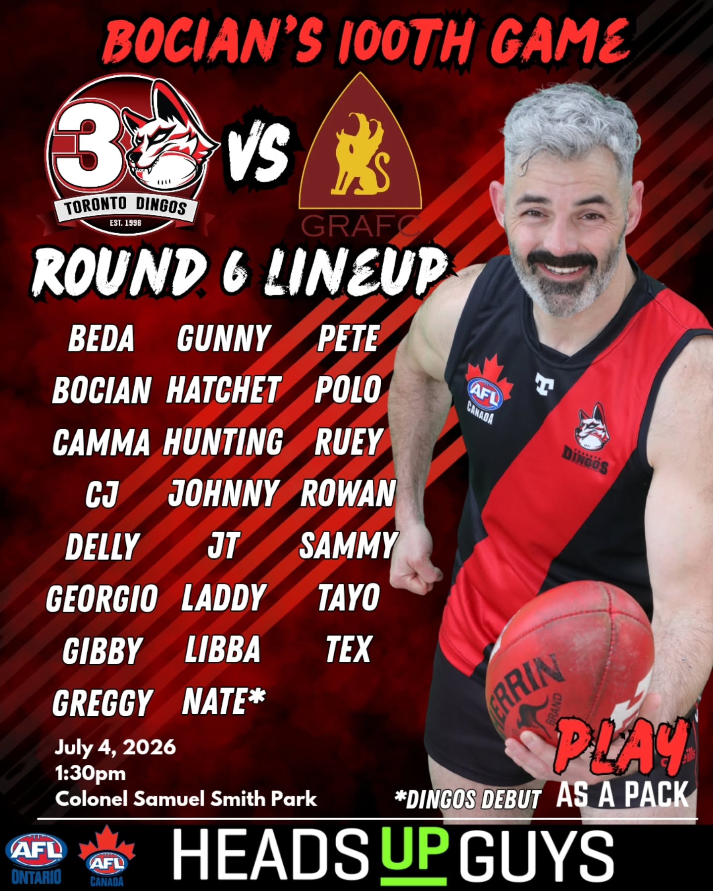 💯
Our Pack for Michael Bocian's 100th game in the iconic red and black! 🔴⚫️
The Dingos round 6 lineup is presented by @headsupguys!
#AsAPack