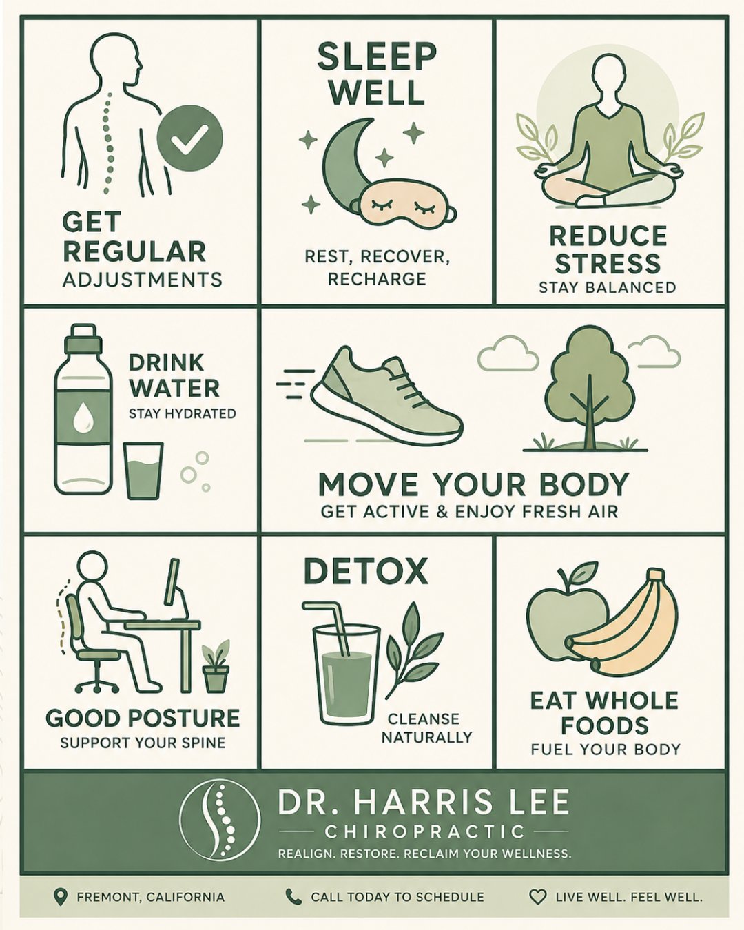 🌿 Your health is built on the habits you practice every day.
Chiropractic care is more than just spinal adjustments—it's about supporting your body with healthy lifestyle choices that help you feel your best.
✨ Prioritize these wellness habits:
✔️ Get regular chiropractic adjustments
😴 Sleep well
🧘 Reduce stress
💧 Stay hydrated
🚶 Stay active
🌱 Fuel your body with nutritious whole foods
🪑 Practice good posture
Small, consistent steps can make a big difference in how you move, feel, and live.
📍Dr. Harris Lee Chiropractic – Fremont, CA
Ready to take the next step toward better health? Call us today to schedule your appointment!
#DrHarrisLeeChiropractic #FremontChiropractor #HealthyLifestyle #ChiropracticCare #WellnessJourney