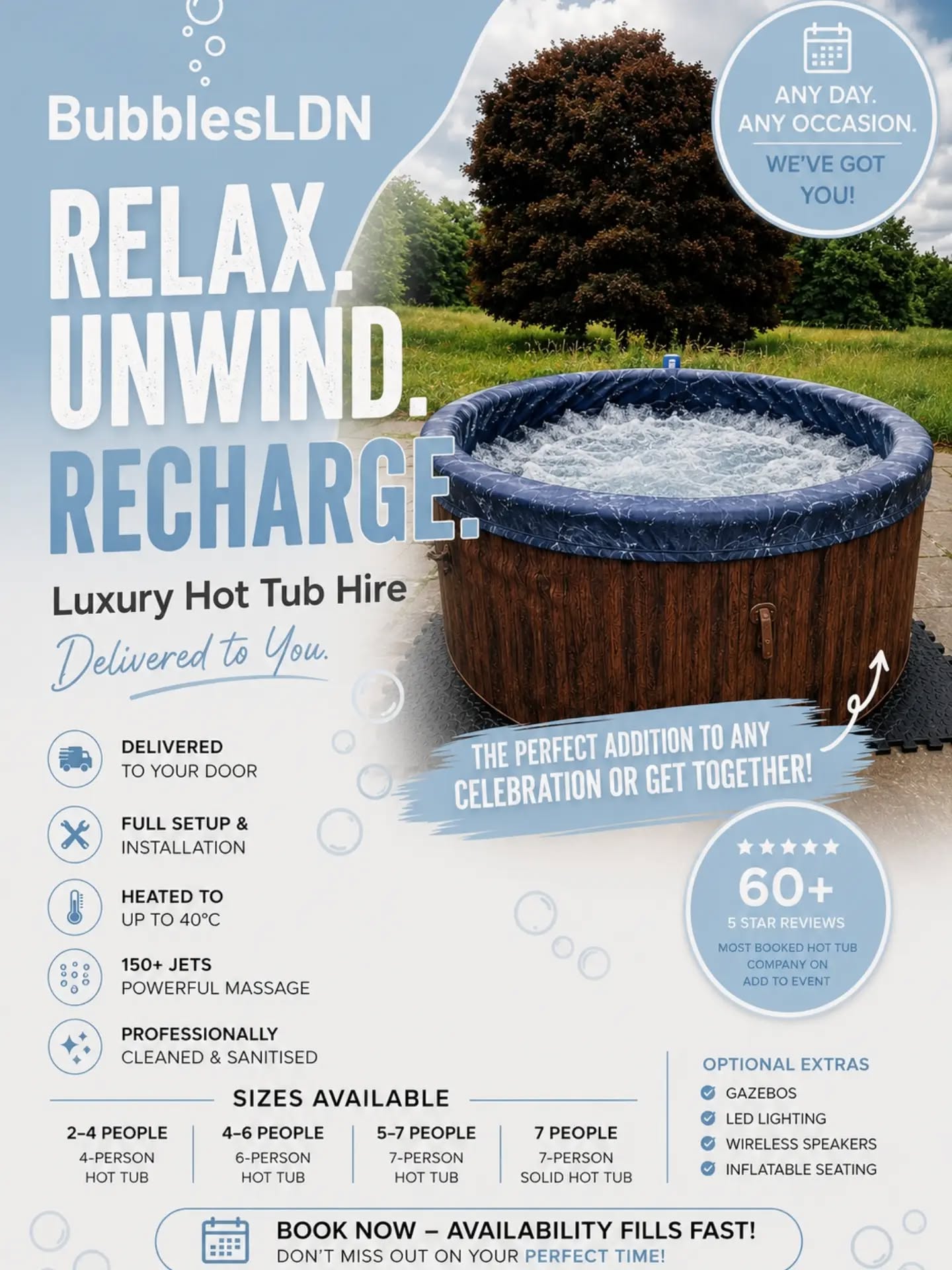 Turn your garden into a luxury spa... without the luxury price tag. 🫧
Whether you're celebrating a birthday, planning a date night, hosting friends, or simply treating yourself, BubblesLDN brings the spa experience straight to your door.
✨ Delivered & professionally installed
💦 Heated up to 40°C
🫧 150+ powerful massage jets
🏡 Available across London & beyond
⭐️ 60+ Five-Star Reviews
Choose from our range of luxury hot tubs:
• 2–4 Person
• 4–6 Person
• 5–7 Person
• 7 Person Solid Hot Tub
We take care of everything, so all you have to do is sit back, relax and enjoy.
📅 Availability is limited, especially during the summer months.
👉 Book today at www.bubblesldn.co.uk and secure your perfect hot tub experience before your preferred dates are gone.