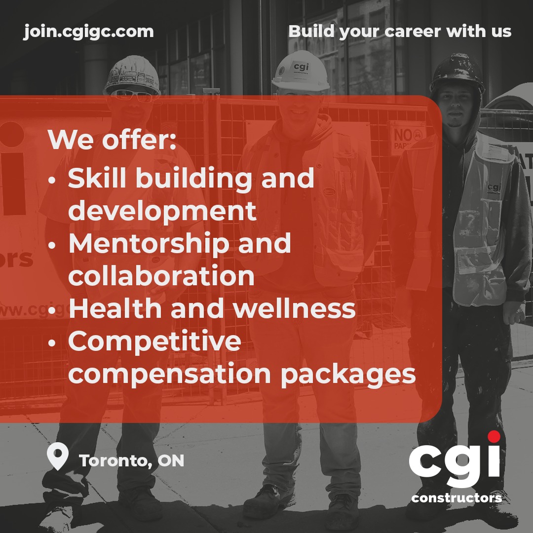 We're growing our Toronto team!
CGI is currently hiring for the following positions in our Toronto office:
👷♂️ Project Manager
👷♂️ Superintendent
👷♂️ Field Engineer
If you're looking to join a collaborative team delivering exciting commercial, institutional, and civic construction projects across Ontario, we'd love to hear from you.
At CGI, we believe our people are our greatest strength. We offer opportunities to work on meaningful projects, grow your career, and be part of a company recognized as one of Canada's Top Small & Medium Employers and one of Greater Toronto's Top Employers for two consecutive years.
Ready to build your future with us? Visit our Careers page to learn more and apply today.
#CGIConstructors #JoinCGIConstructors #PeopleBuildingCanada #NowHiring