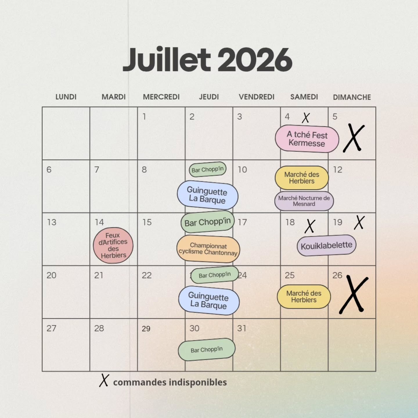 đ
Le planning de Juillet est lĂ !!! đ
Ă nouveau, les commandes se remplissent vite, pensez Ă anticiper et consulter les journĂ©es qui sont dĂ©jĂ bloquĂ©es. Merci pour tout âšïž