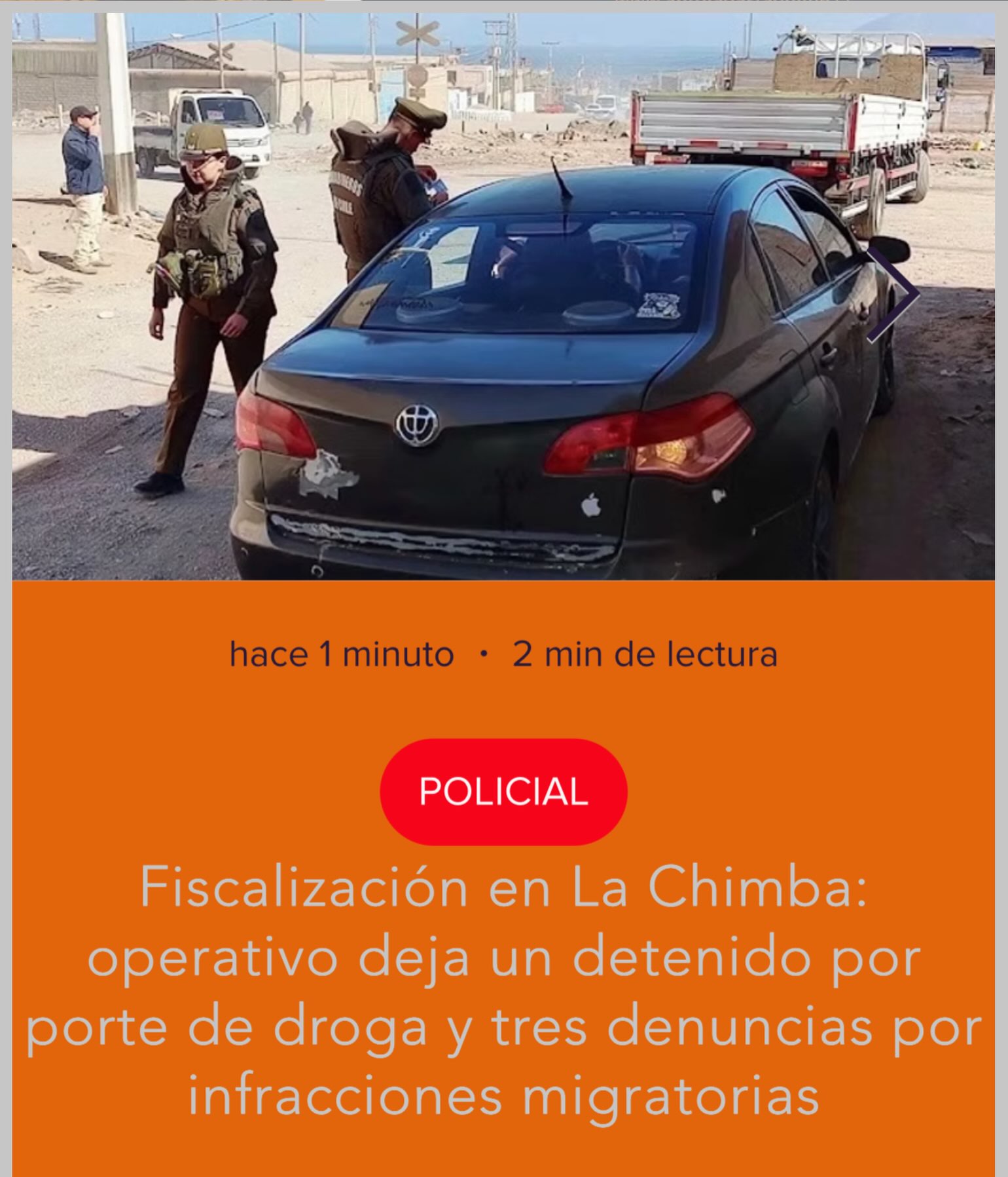 #Policial | Fiscalización en La Chimba: operativo deja un detenido por porte de droga y tres denuncias por infracciones migratorias
La intervención realizada en el sector norte de Antofagasta contempló 64 controles vehiculares y terminó con 15 infracciones a la Ley de Tránsito.
Más detalles en las historias o en:
www.antofagastaonline.cl