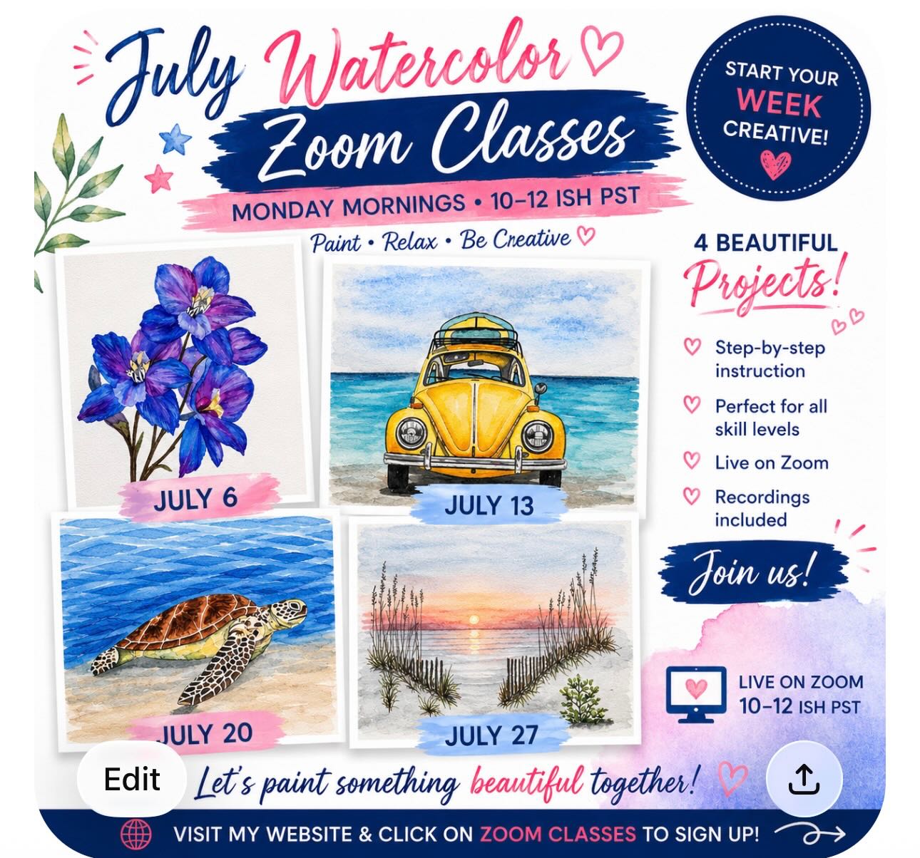 July watercolor classes!
Another fun month full of fun classes!
Never a dull… or clean moment with me…. Dust of your apron, paintbrushes and join in all the fun!
See you somewhere in person in the OC or on zoom to create and play!
Go to my website to get all the deeds on classes!
Love how AI made this cute ad for me 😉
Do you like AI ads or not?