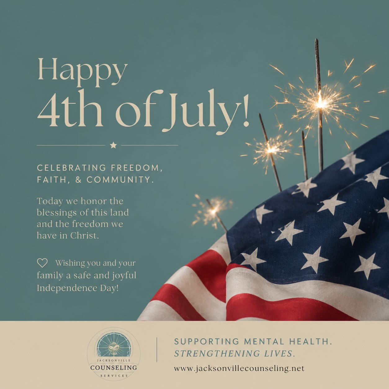 🇺🇸 Happy 4th of July!
Today we celebrate the freedom we enjoy and the hope that unites us. As you gather with family and friends, we hope you find moments of rest, gratitude, and joy.
From all of us at Jacksonville Counseling Services, have a safe and meaningful Independence Day. ❤️🤍💙
✨ “It is for freedom that Christ has set us free.” Galatians 5:1