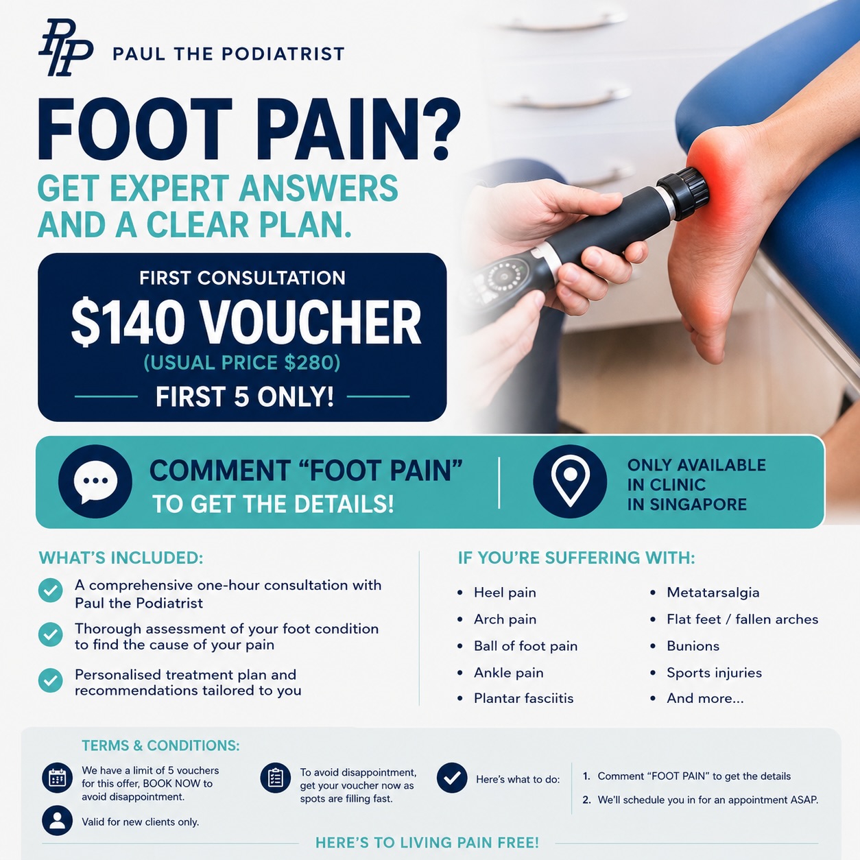 Is foot pain stopping you from doing the things you love? 👣
Whether it’s your heel, arch, ball of your foot or ankle, foot pain isn’t something you should just “put up with.”
For a limited time, we’re offering a $140 First Consultation Voucher (usually $280) for new patients at our Singapore clinic.
Your consultation includes a comprehensive assessment to identify the cause of your pain and create a personalised treatment plan to help you get back to doing what you love.
✅ New patients only
✅ Only 5 vouchers available
✅ Available at our Singapore clinic
Comment “FOOT PAIN” below and we’ll send you all the details via DM.