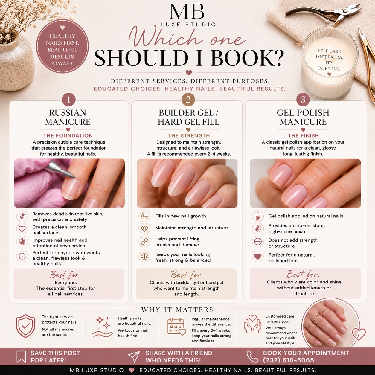 ✨ Save this for your next nail appointment! ✨
Not sure which service to book? Here’s a quick guide:
🤍 Russian Manicure: Precision cuticle care that creates the perfect foundation for healthy, beautiful nails.
🤍 Builder Gel / Hard Gel Fill: Adds and maintains strength and structure while keeping your nails balanced and long-lasting.
🤍 Gel Polish Manicure: Long-lasting color and shine on your natural nails without adding extra strength or structure.
Every service has a different purpose, and the right choice depends on your nail goals and lifestyle.
At MB Luxe Studio, we believe educated clients make the best decisions for their nails. Healthy nails first, beautiful results always. ✨
💾 Save this post for later.
📲 Share it with someone who never knows what to book!
📞 (732) 618-5065
📍 By appointment only.
#MBLuxeStudio #nailsnj #RussianManicure #BuilderGel #nailsnailsnails