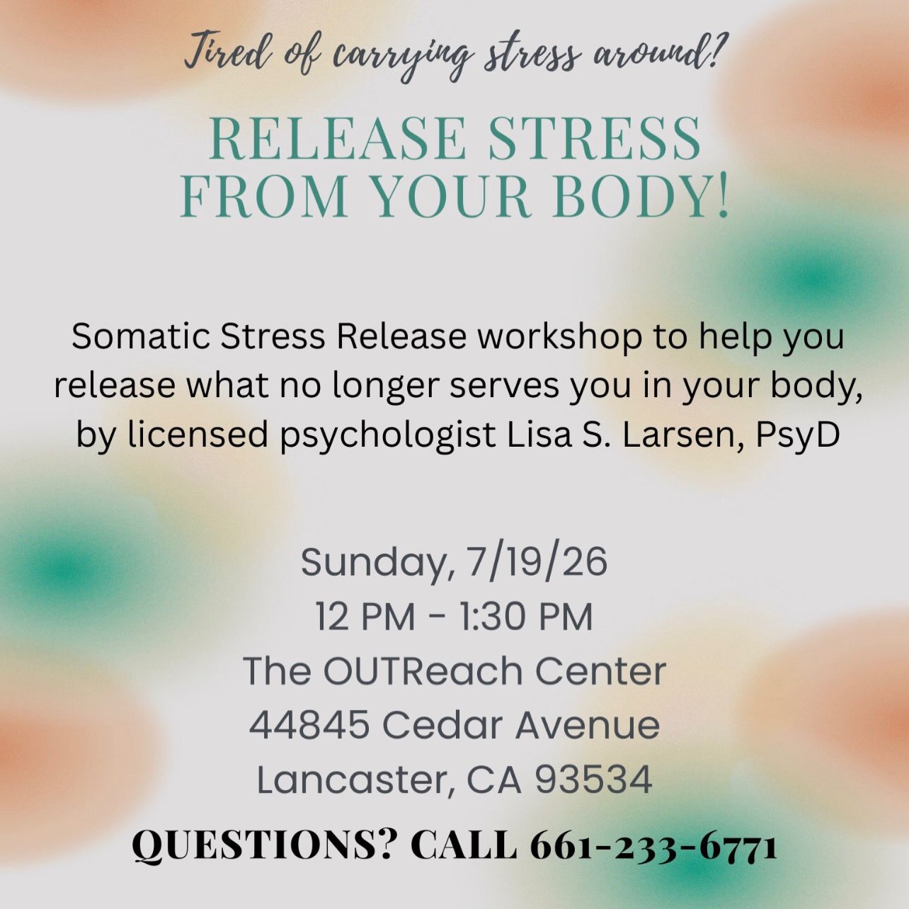 โจ What if your body could finally let go of the stress itโs been holding onto? โจ
Stress doesnโt just live in our mindsโit can become stored in our bodies. Join us for a Somatic Stress Release Workshop led by licensed psychologist Dr. Lisa S. Larsen, PsyD, and learn gentle, body-based techniques to help release tension, reconnect with yourself, and create space for healing.
Whether youโre feeling overwhelmed, emotionally drained, or simply looking for new ways to care for your mental and physical well-being, this workshop offers a safe and supportive environment to explore the mind-body connection.
๐ Sunday, July 19, 2026
๐ 12:00 PM โ 1:30 PM
๐ The OUTreach Center
44845 Cedar Avenue
Lancaster, CA 93534
Register Now! Link in bio!
Take a moment for yourself. You deserve to feel lighter, more grounded, and more connected to your body. ๐
๐ Questions? Call 661-233-6771
#TheOUTreachCenter #SomaticHealing #StressRelief #MentalHealthMatters #MindBodyConnection