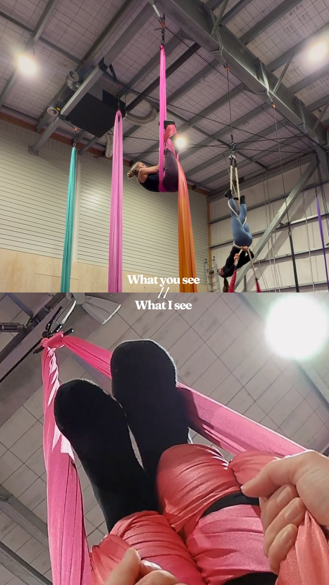 Wait for it… wait for it…
Working on my ankle hang drop at silks this week 🎪✨
Sometimes I manage to drop right the way through continuously, sometimes there’s a bit of a pause. I’ve managed to rack up a few silks kisses/bruises from giving it a few practises already 🤭 but I’m determined to get the drop right the way through without getting stuck… maybe I’ll give it a few days first!
#aerialsilksdrop #silkstraining #aerialtraining #anklehang #lifeisbetterupsidedown