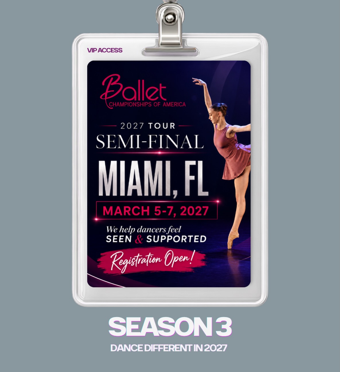 Miami, registration is open. Join BCA and dance different in 2027.
Season 3 continues in Miami, FL, bringing dancers into a Semi-Final experience built for growth, confidence, and connection.
At Ballet Championships of America, dancers are not just scored. They are guided, coached, and recognized. Through expert adjudication, educational opportunities, and a supportive environment, BCA helps dancers take the next step in their training with purpose.
2027 Semi-Final
Miami, FL
March 5–7, 2027
We help dancers feel SEEN & SUPPORTED.
Studios and dancers, secure your Miami registration today through DanceComp Genie or the BCA website.